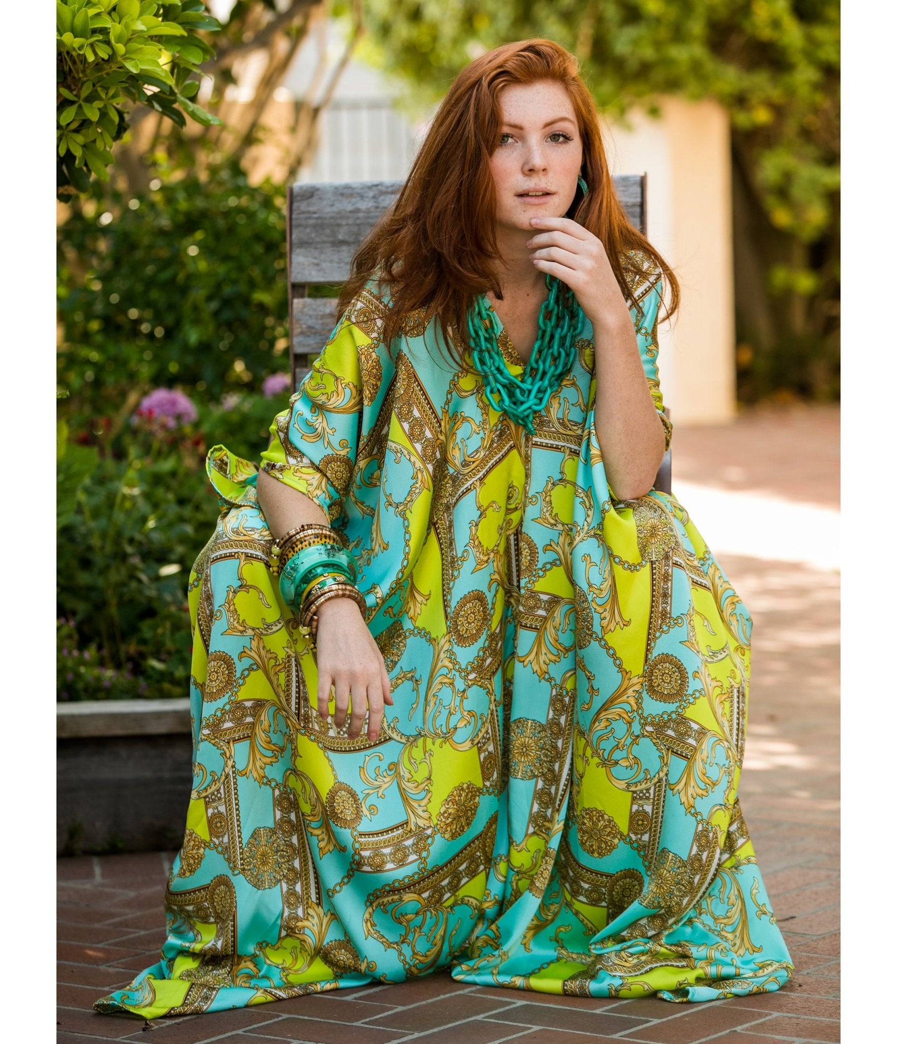Jennafer Grace Blue & Green Boho Print Caftan Dress - Flowy Beach Cover Up, Summer Maxi Dress for Women, Perfect for Vacations, Pool Parties & Boho Fashion