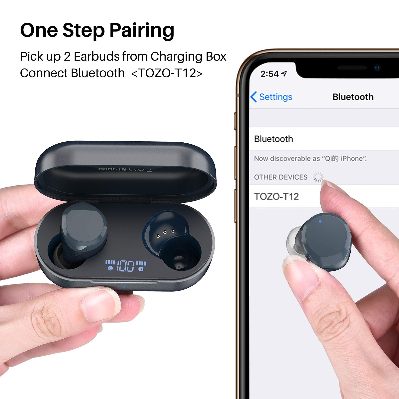 TOZO T12 Wireless Earbuds Bluetooth 5.3 Headphones with Premium Sound, Touch Control & LED Display - Wireless Charging Case, IPX8 Waterproof - Perfect for Gym, Running, Travel & Work (Blue)