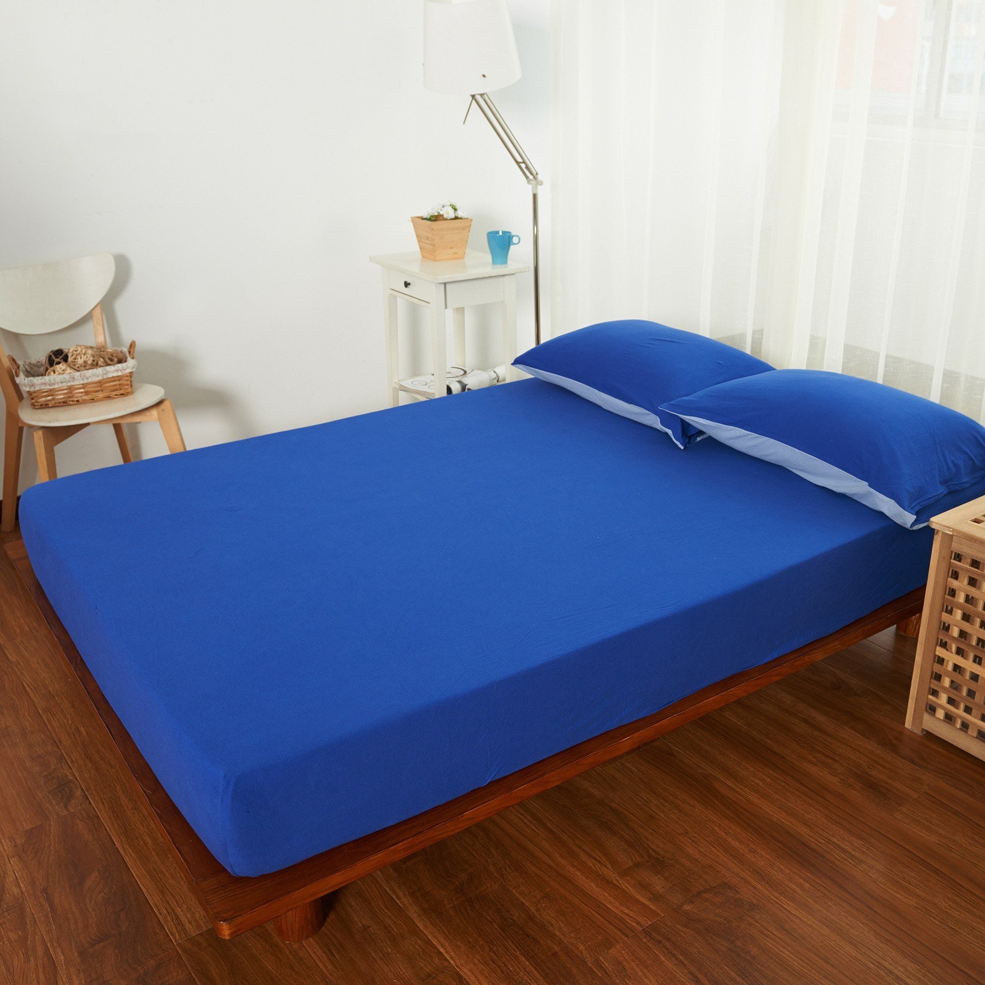 Premium Cotton Pure™ Klein Blue Jersey Fitted Sheet Set - Soft Breathable Bedding for Comfortable Sleep (Queen Size) | Perfect for Master Bedrooms, Guest Rooms & Dormitories
