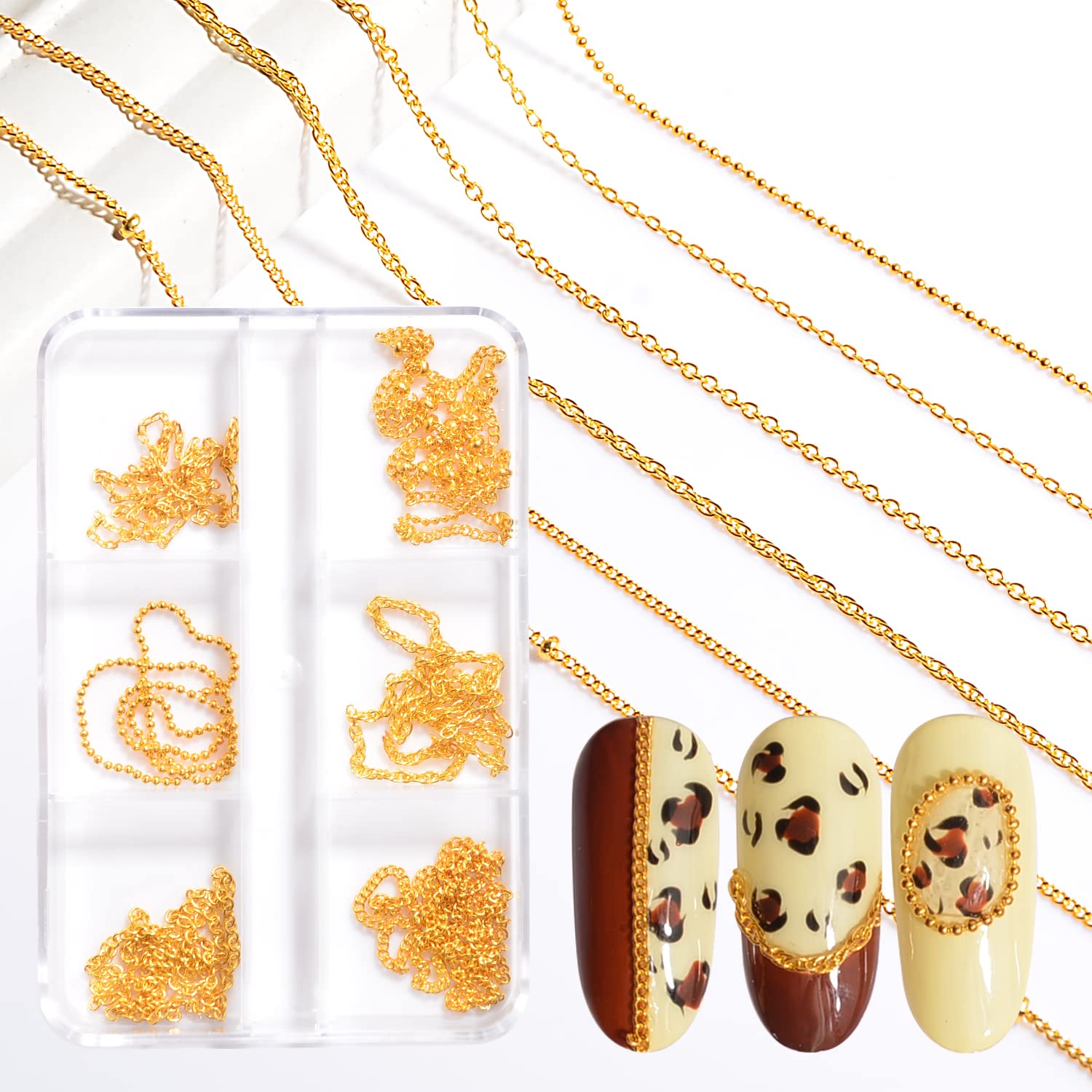 6 Strips 3D Metal Nail Art Chains - Gold Punk Nail Studs & Beads for Nail Art Decoration | DIY Manicure Jewelry Accessories for Punk, Gothic & Party Nail Designs