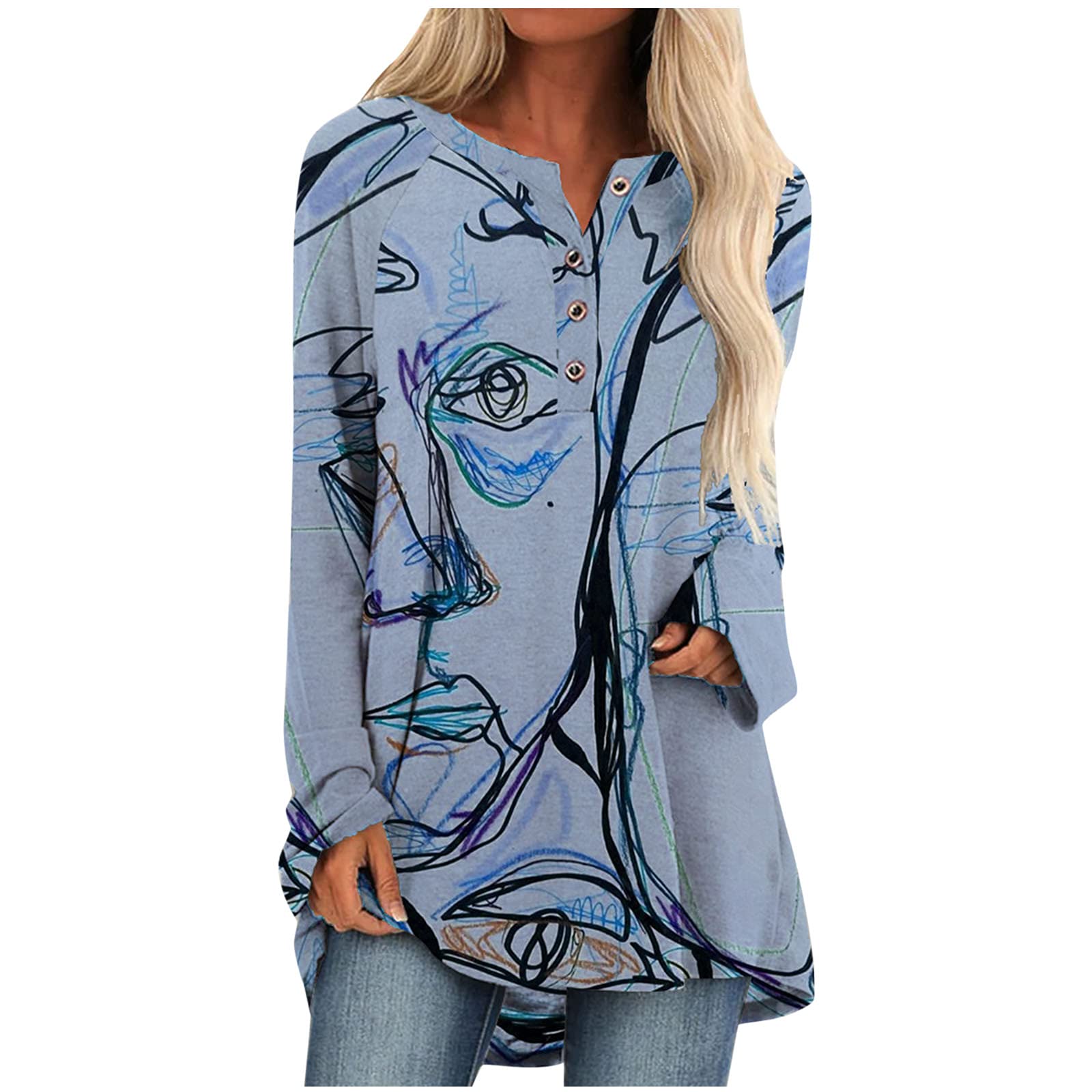Women's Long Sleeve Tie Dye Printed Hooded Tunic Sweatshirt - Loose Fit Pullover with Drawstring & Pocket - Blue Workout Top for Yoga, Running & Casual Wear