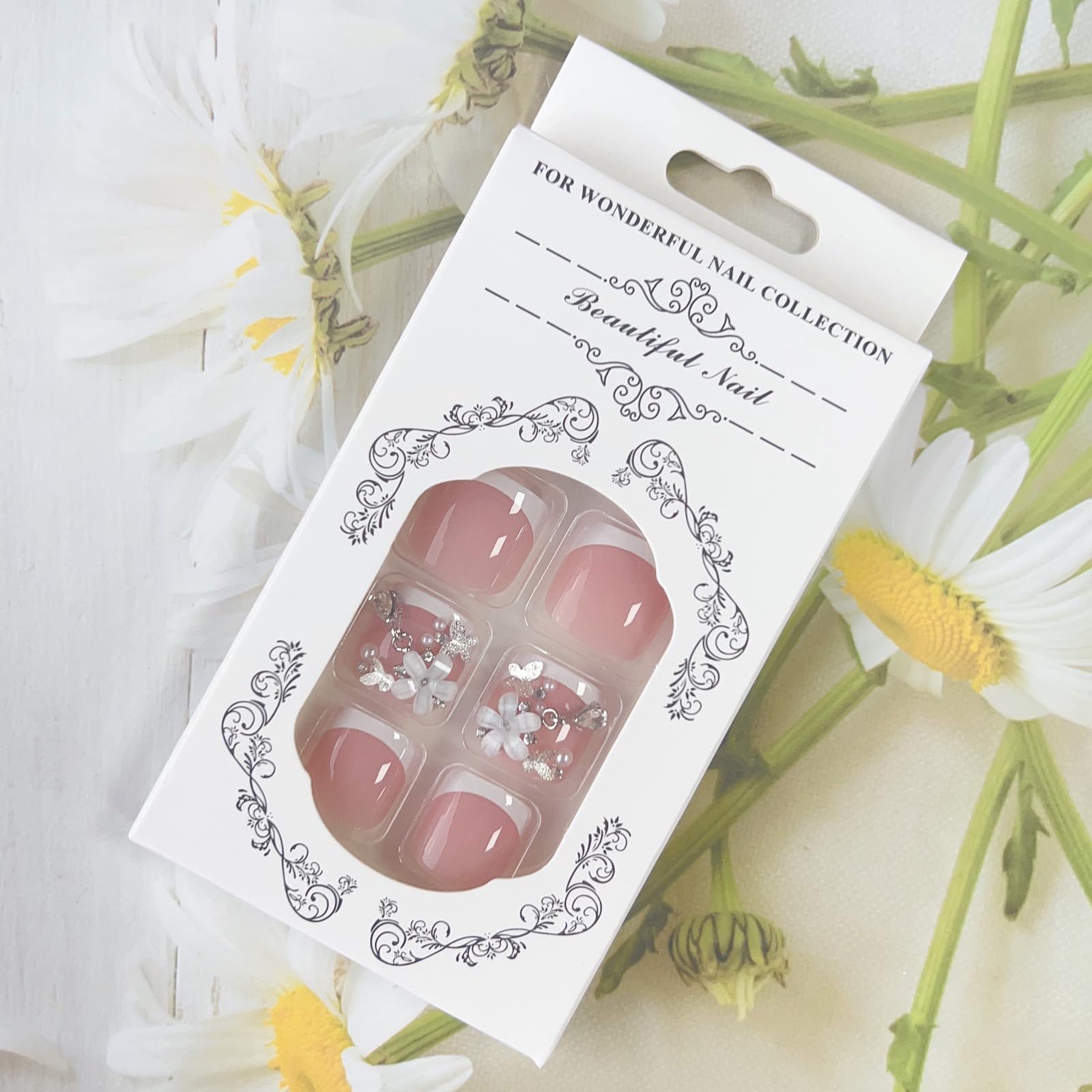 3D White Flower French Tip Press On Toenails - Short Square Fake Toenails with Pearl Accents | Glossy Full Cover False Nails for Summer Pedicure Decorations | Perfect for Beach Vacations, Weddings & Nail Art Enthusiasts