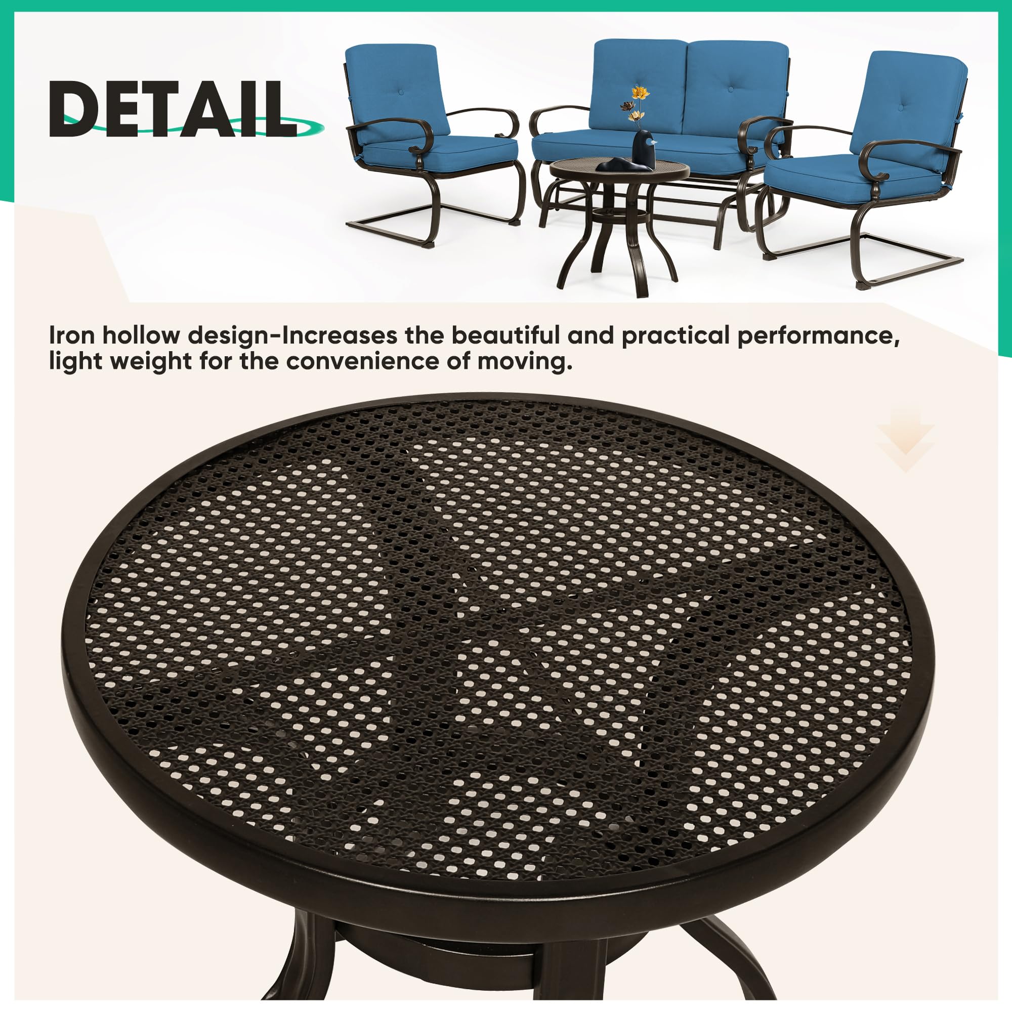 Incbruce Outdoor Patio Conversation Set - 4-Piece Metal Furniture with Glider, Bistro Table & 2 Spring Lounge Chairs (Peacock Blue, Wrought Iron) - Perfect for Garden, Backyard, and Poolside Relaxation