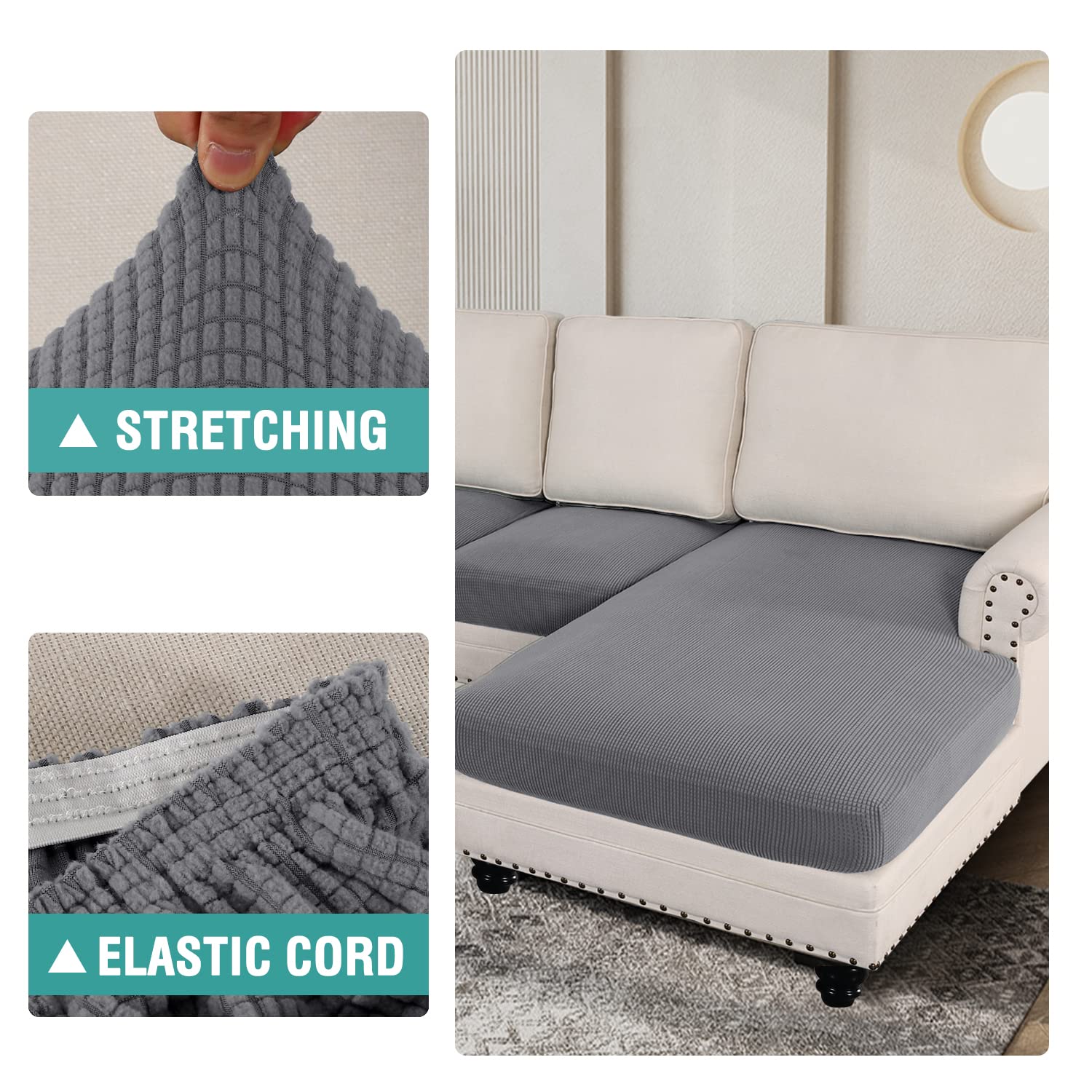 Stretch Anti-Slip Sectional Sofa Covers - 4 Piece L-Shaped Couch Cover Set with Separate Seat Cushion & Chaise Covers for Left/Right Sectionals (Light Grey, 3-Seater + Chaise) - Perfect for Living Room, Family Room & Home Theater Furniture Protection