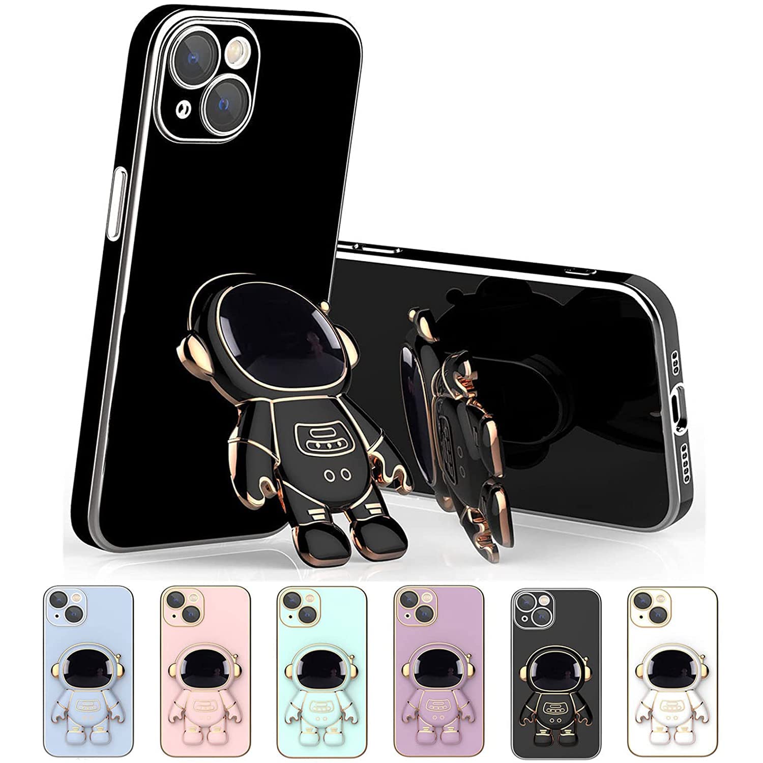 6D Plating Astronaut Hidden Stand Phone Case for iPhone 13 - Shockproof Protective Cover with Built-in Stand & Lens Film - Perfect for Travel, Work & Everyday Use (Black)