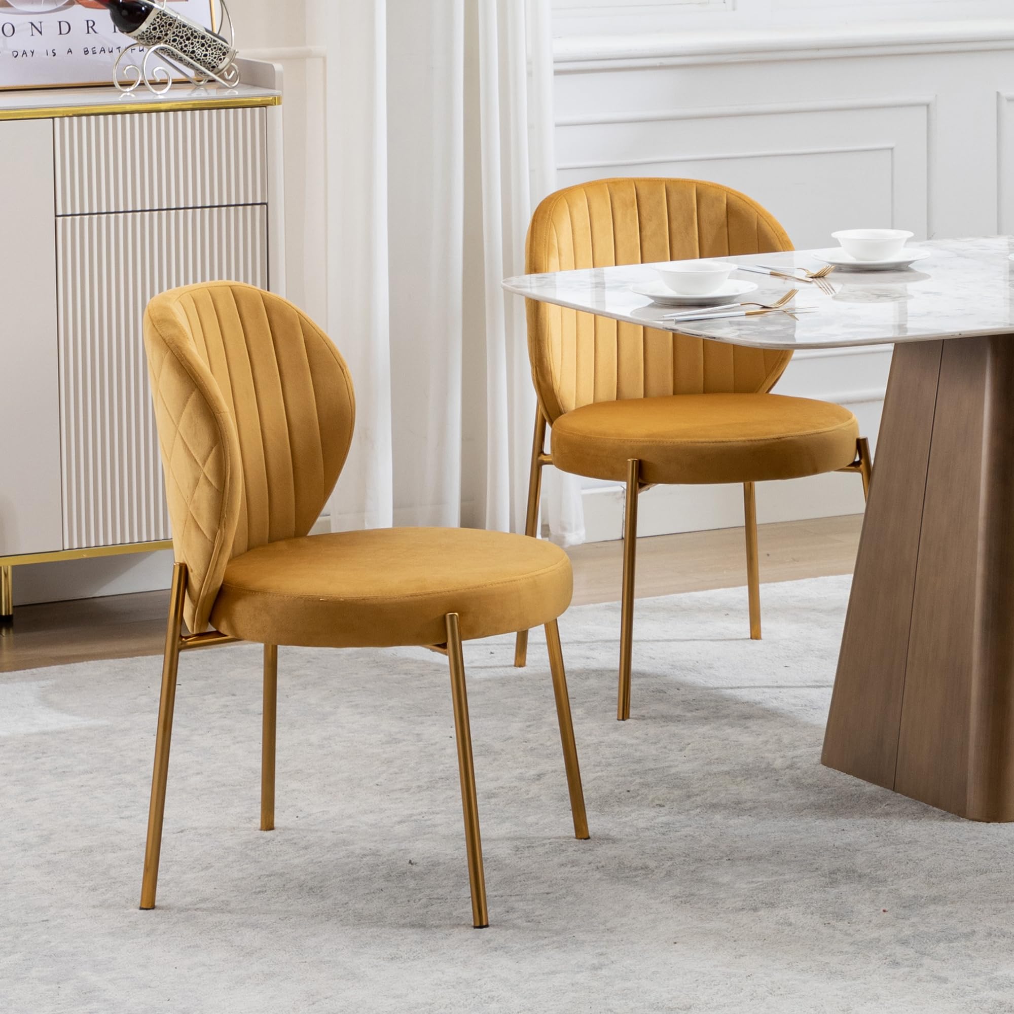 DAGONHIL Mid Century Modern Velvet Dining Chairs Set of 2 - Yellow Upholstered Vanity Chairs with Golden Metal Legs for Kitchen, Dining Room, Living Room & Bedroom - Perfect for Home Decor & Small Spaces (2PCS, Yellow)