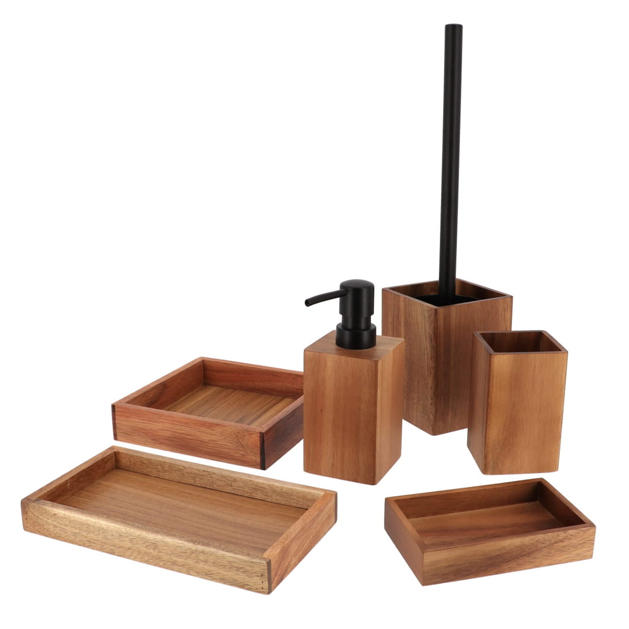 Premium Acacia Wood Bathroom Accessory Set - 6 Piece Shower Caddy with Soap Dish, Toothbrush Holder & More for Modern Bathroom Decor