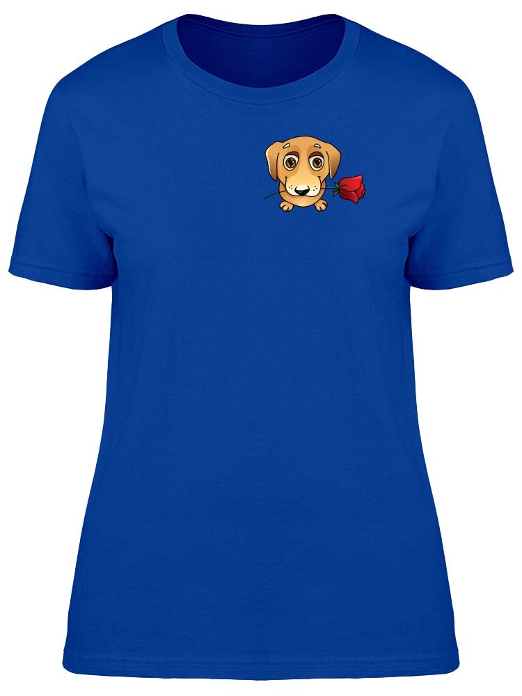 Smartprints Women's Cute Puppy with Rose Graphic T-Shirt - Casual Comfort Tee for Everyday Wear, Date Nights & Dog Lovers