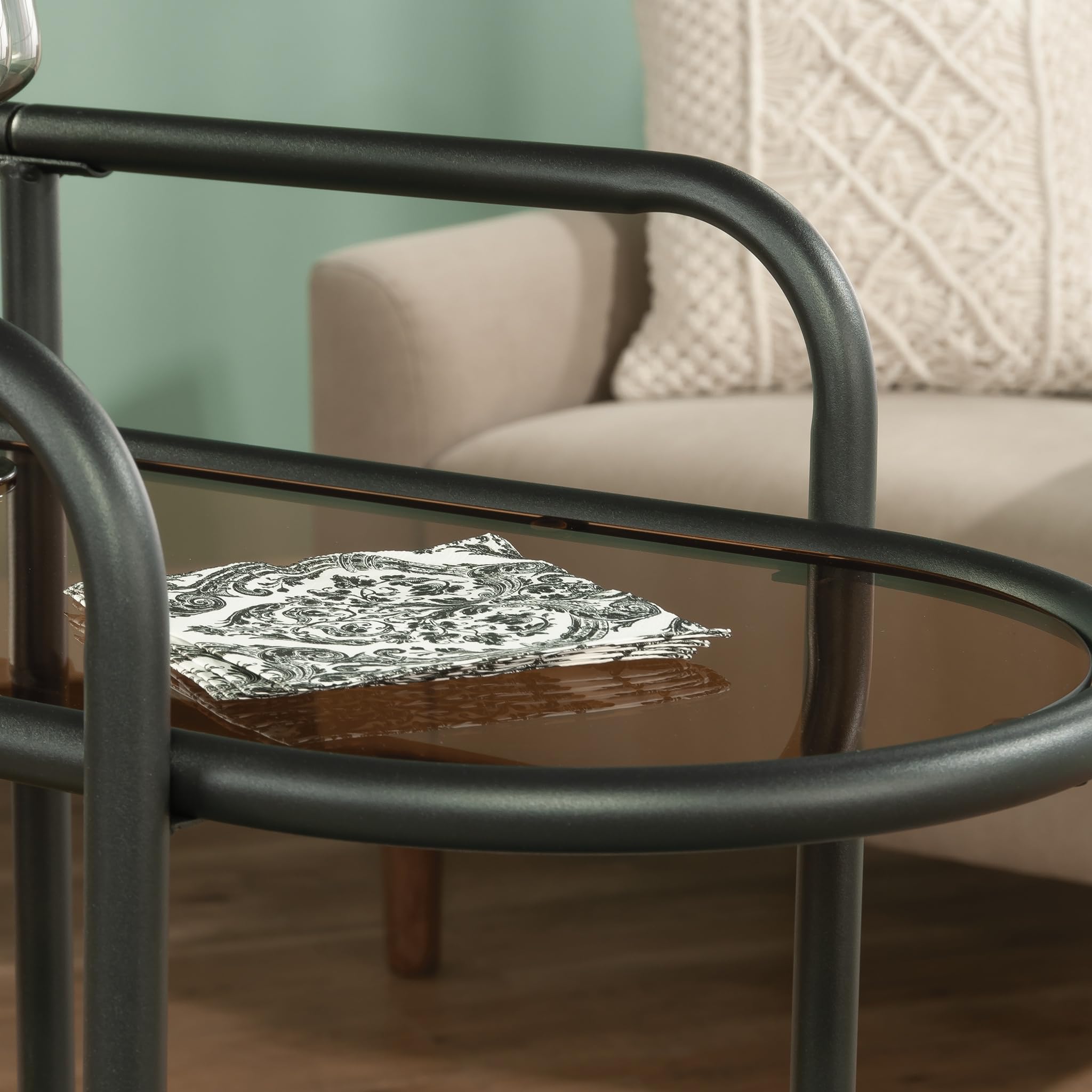 Sauder Coral Cape Bar Cart - Black Metal & Glass Rolling Drink Cart for Home, Kitchen, or Party - Perfect for Serving Cocktails, Wine, and Beverages