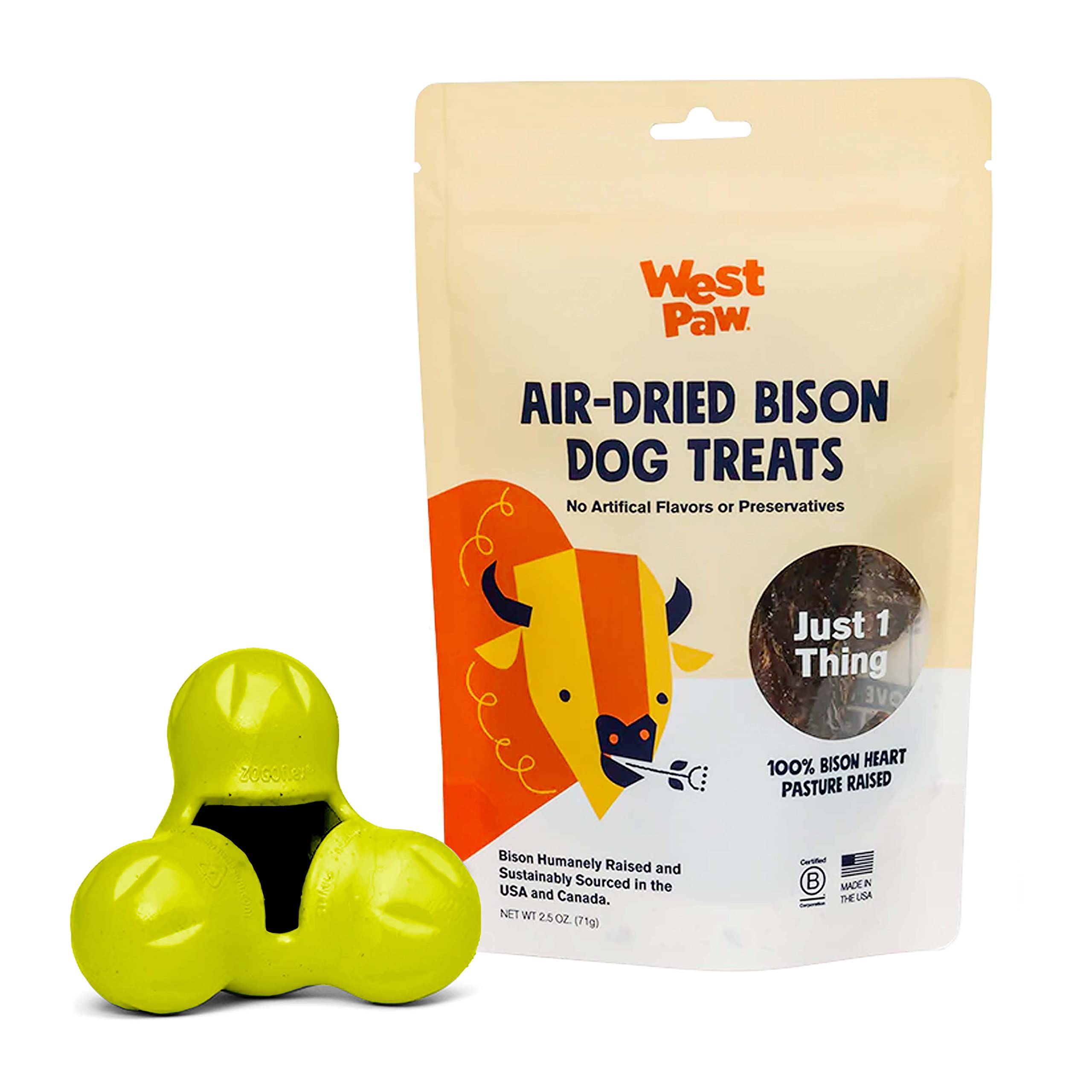 Premium Air-Dried Bison Heart Dog Treats with Zogoflex Tux Interactive Treat Dispenser Toy Bundle – All-Natural, High-Protein Dog Snacks & Durable Chew Toy for Mental Stimulation – Perfect for Training, Enrichment & Playtime at Home or Outdoors