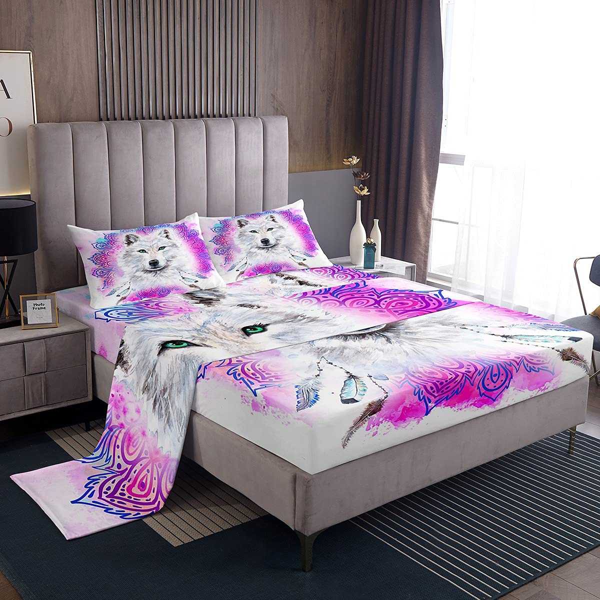 Bohemian Wolf Bedding Set - Queen Size Safari Animal Print Tie Dye Fitted Sheet with Deep Pocket, Flat Sheet & 2 Pillowcases - Watercolor Mandala Tribal Design for Boho Bedroom Decor | Perfect for Guest Rooms, Dorm Rooms & Bohemian Style Homes