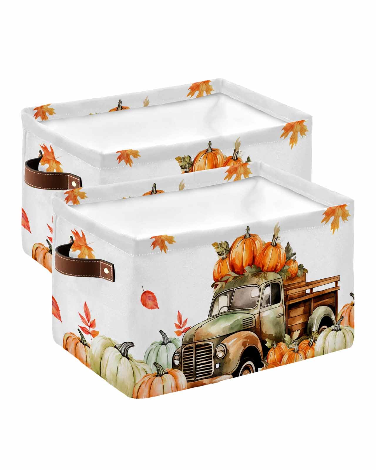 2 Pack Collapsible Storage Baskets with Handles - Farmhouse Pumpkin & Maple Leaf Design Organizer Bins for Nursery Toys, Laundry, Closet Organization | Perfect for Fall Decor, Thanksgiving Home Storage & Farmhouse Shelves Display
