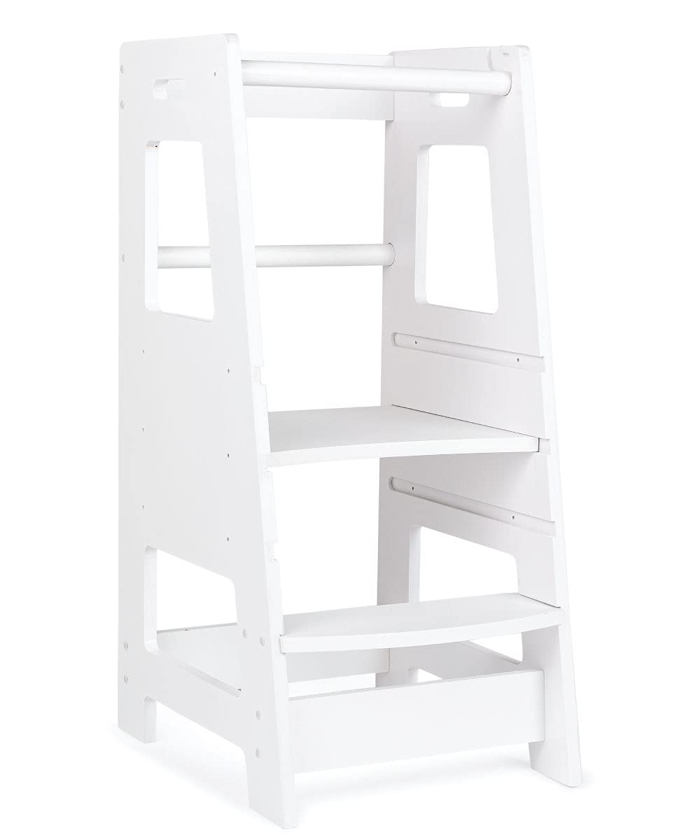 KidzWerks Adjustable Wooden Step Stool for Kids - Safe Toddler Standing Tower for Kitchen Counter | White Learning Stool for Cooking, Washing Hands & Reaching Sinks | Montessori Helper for Independent Children
