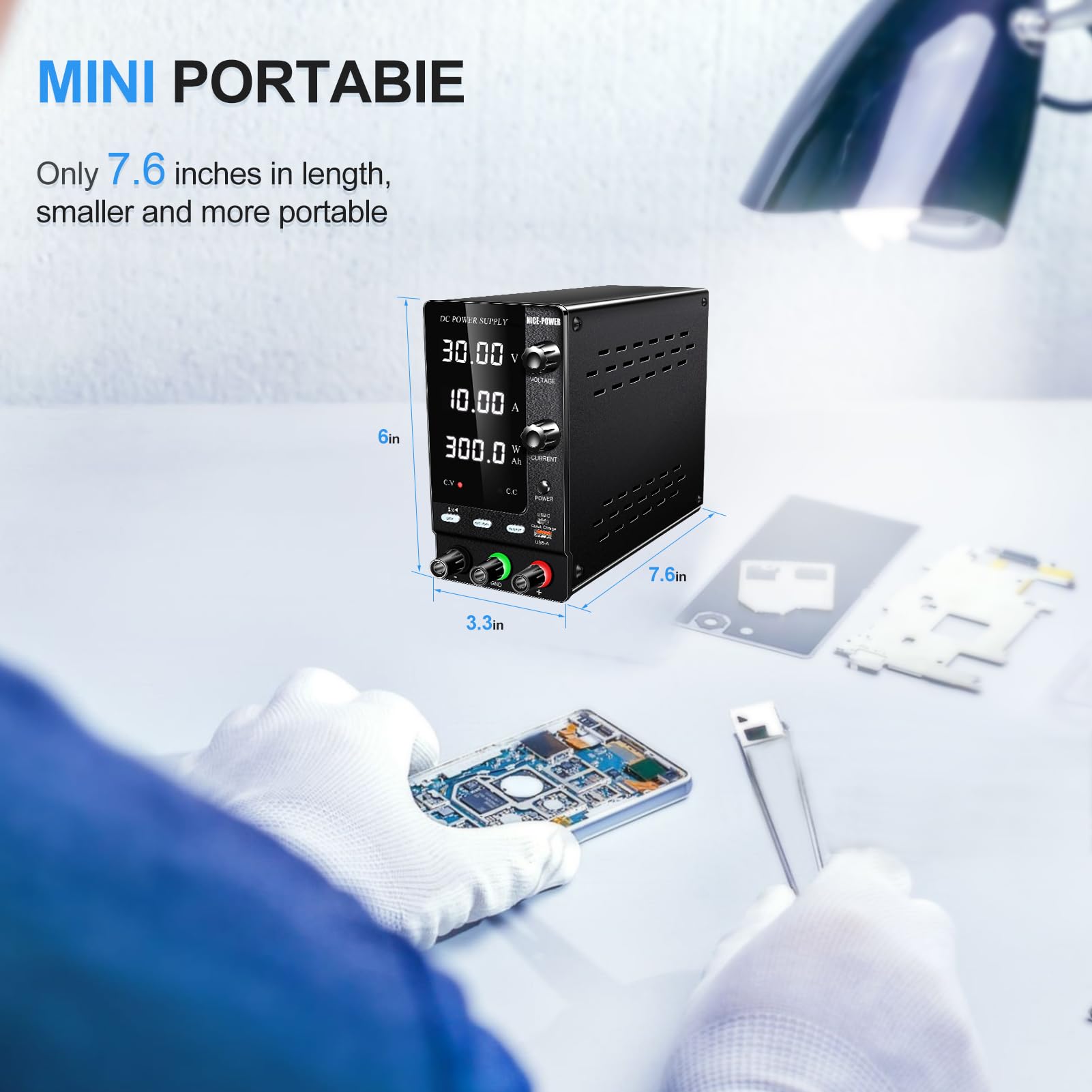NICE-POWER 30V 10A 300W Adjustable DC Power Supply with Encoder - Variable 6V/12V/24V Output for LiFePO4 Lithium Ion Battery Charging, Lab Bench Power Supply with Quick Charge Port & OCP Protection - Perfect for Electronics Testing, DIY Projects, and Battery Maintenance
