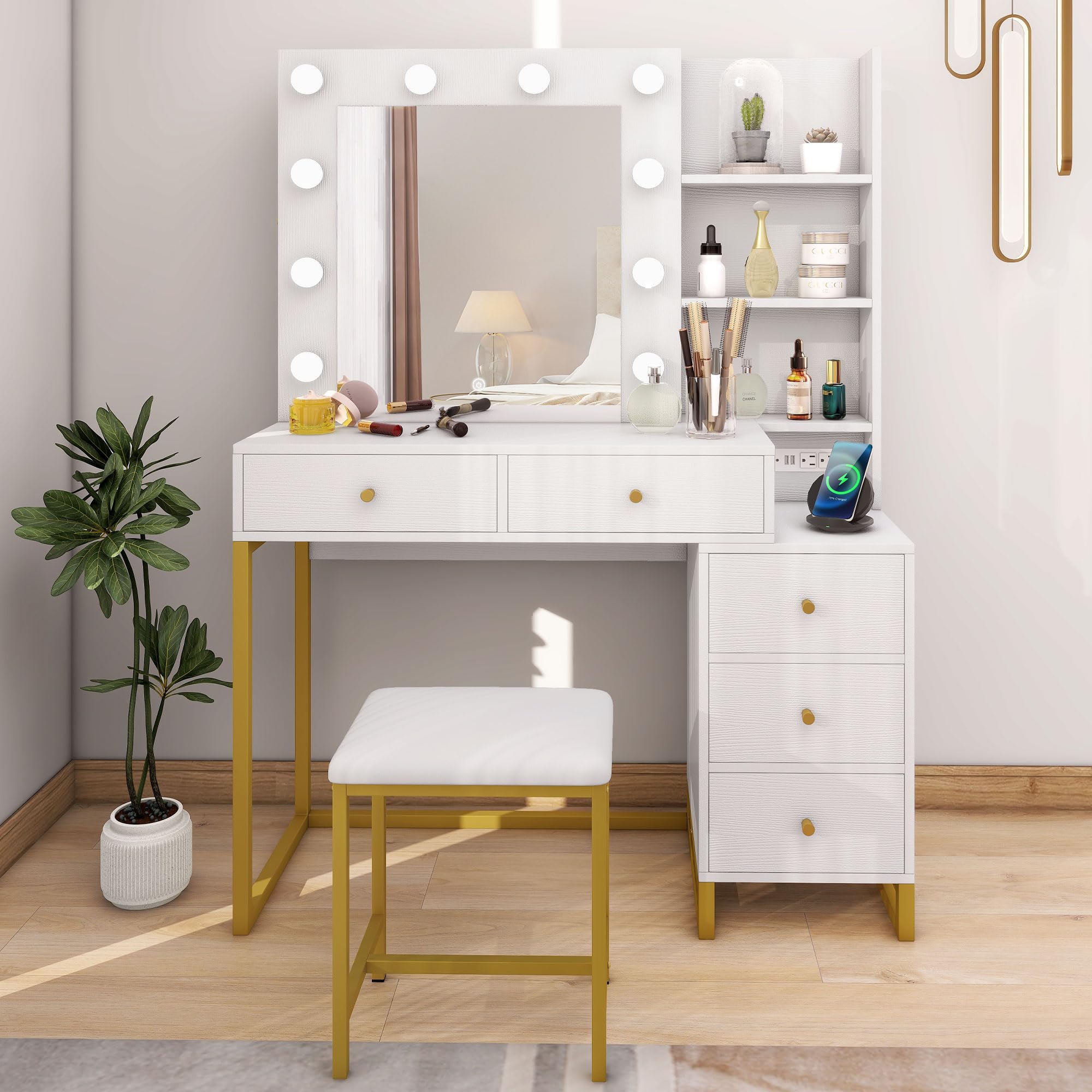DWVO White Vanity Desk with LED Lighted Mirror - 3 Color Lighting, 5 Drawers & Hidden Jewelry Storage - Makeup Dressing Table Set with Power Outlet & Cushion Stool - Perfect for Bedroom, Bathroom & Home Beauty Salon