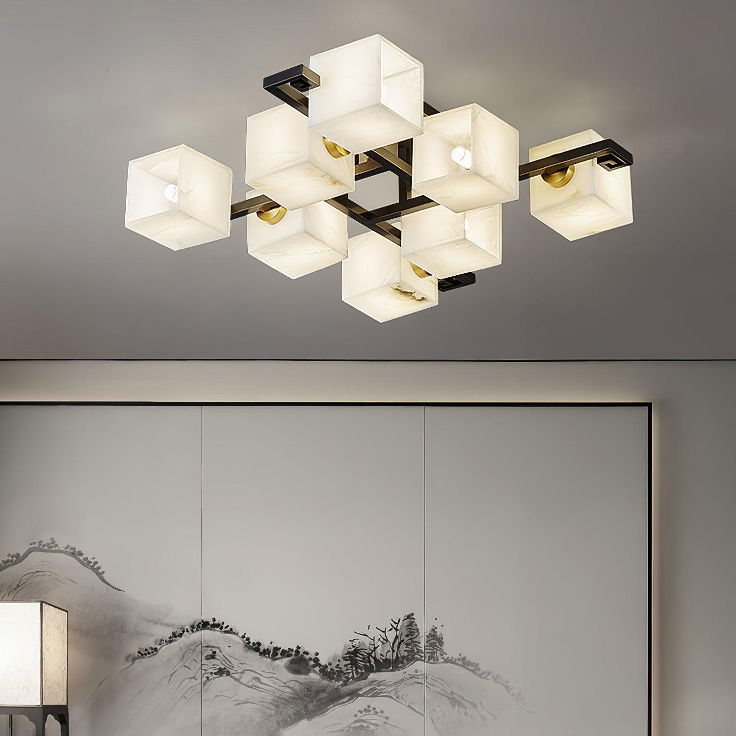 Modern Cubist Alabaster Cluster Ceiling Lamp - Elegant Geometric Lighting Fixture for Living Room, Dining Room & Bedroom