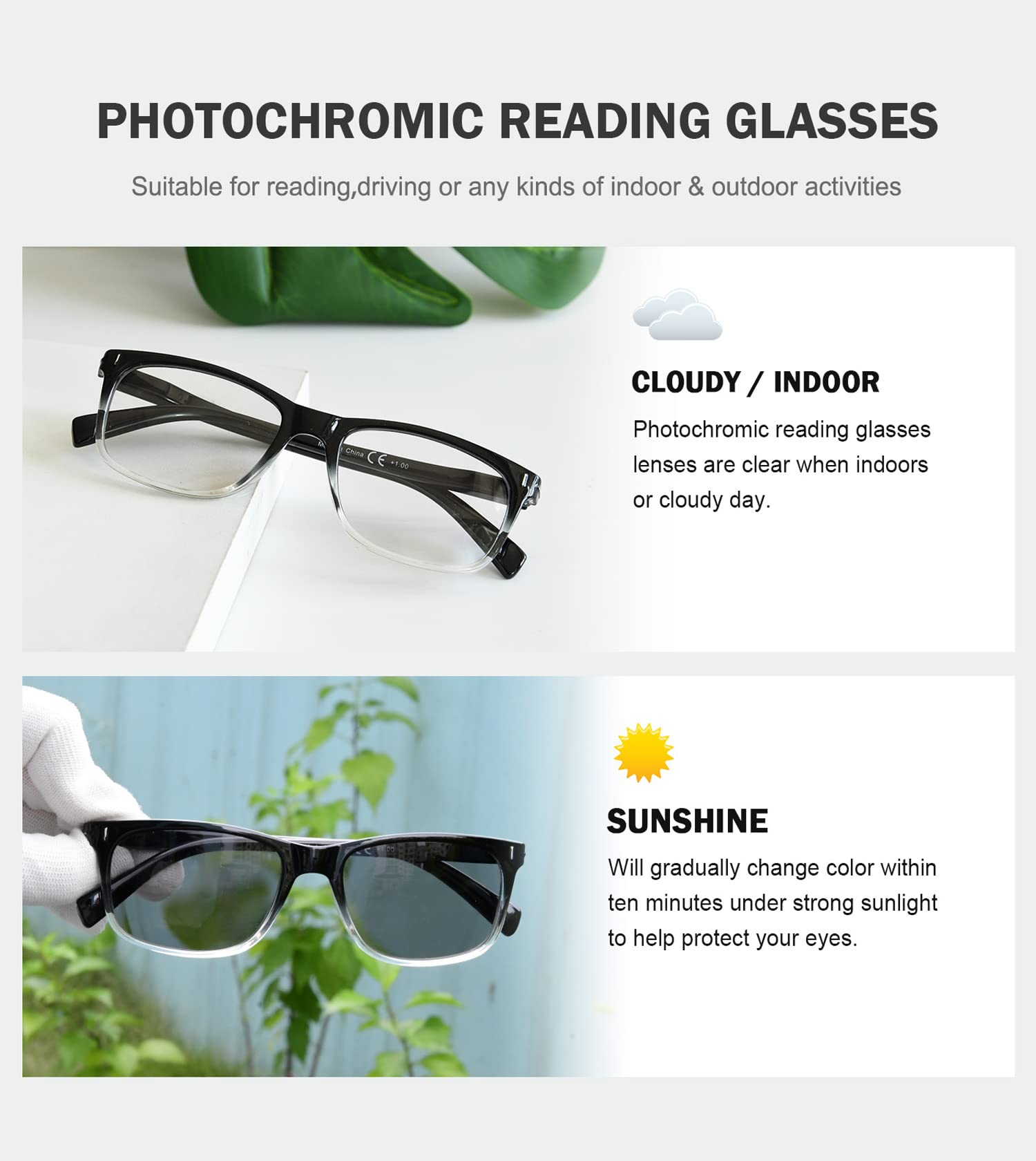 Photochromic Reading Glasses for Men & Women - Light Adjusting Transition Lenses for Indoor/Outdoor Use - Perfect for Reading, Driving & Computer Work