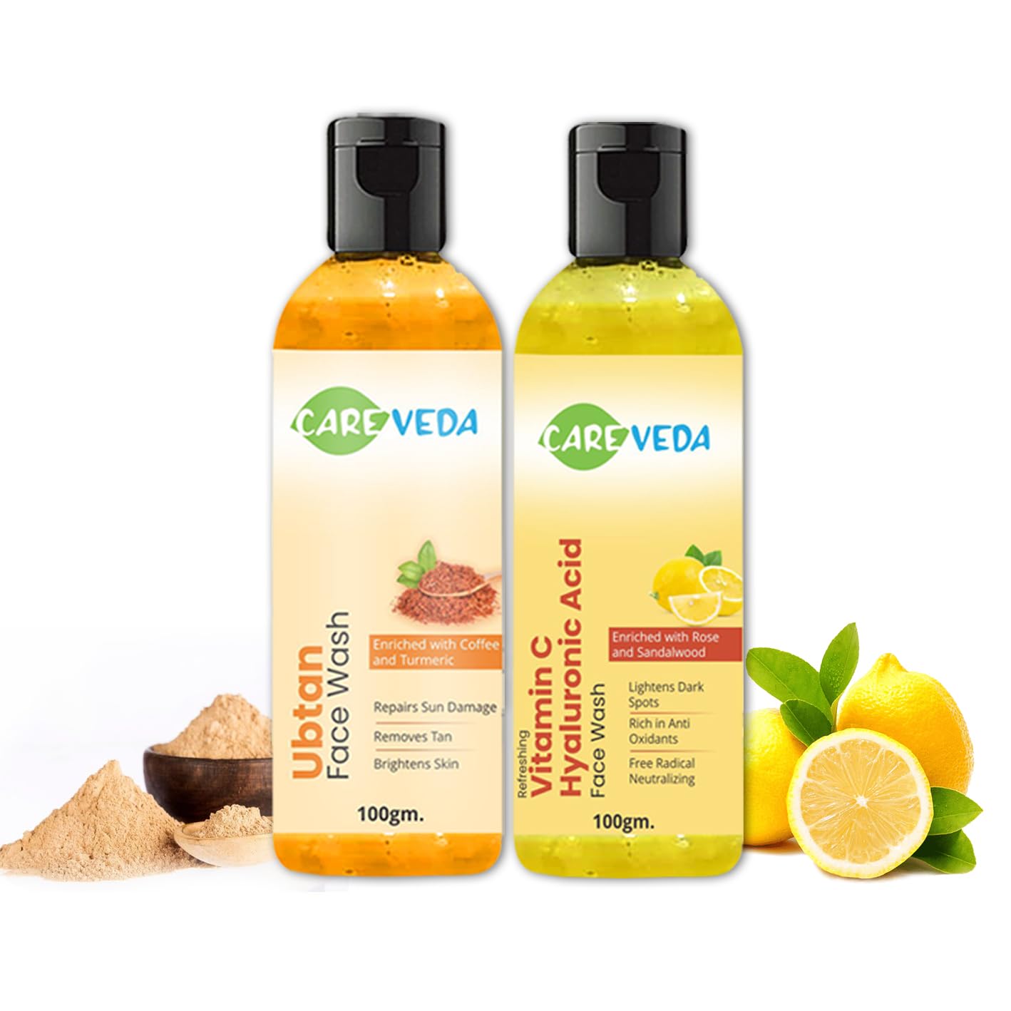 CareVeda Ubtan Face Wash & Vitamin C & Hyaluronic Acid Face Wash Combo Set - Brightening & Hydrating Facial Cleanser for Glowing Skin - Perfect for Daily Skincare Routine & Acne-Prone Skin
