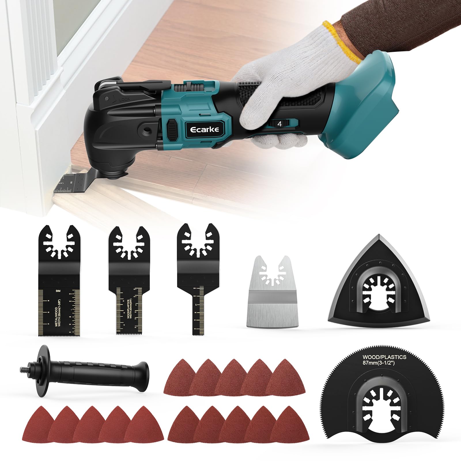 Ecarke 18V Li-Ion Brushless Multi-Function Power Tool for Makita Battery - 6 Adjustable Speed Oscillating Multi-Tool for Cutting, Scraping, Sanding with 23 Accessories (Battery Not Included) - Perfect for DIY Projects, Home Renovation & Woodworking
