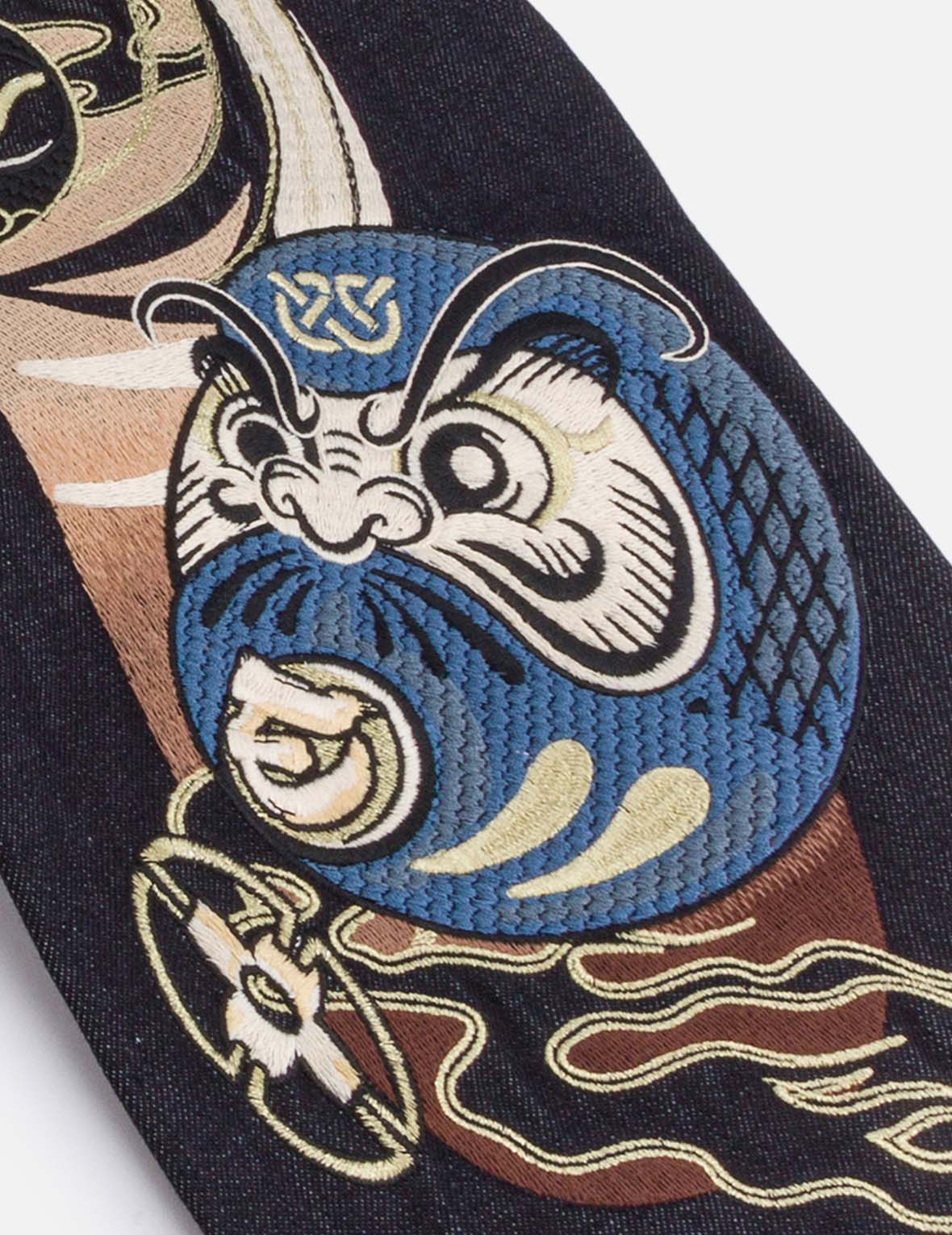 Ninja Daruma Daicock Embroidered Carrot Fit Jeans for Men - Trendy Slim Tapered Denim Pants with Unique Japanese Design, Perfect for Casual Wear, Street Style and Urban Fashion #2017