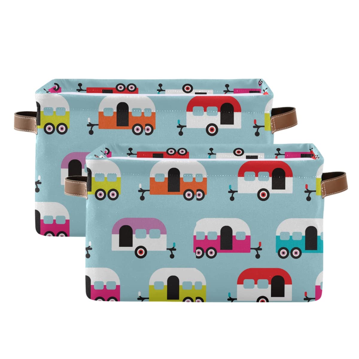 Happy Camper Caravan Square Storage Basket - 2 Pack Canvas Storage Organizer for Closet, Shelf, Home & Office - Perfect for Organizing Toys, Books, and Office Supplies