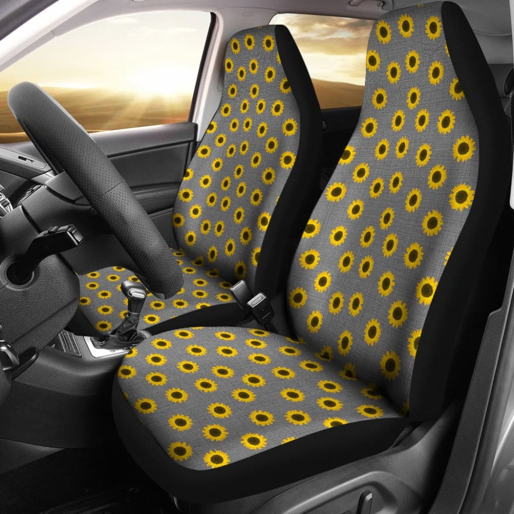Premium Sunflower Pattern Gray Burlap Car Seat Covers - Waterproof & Non-Slip Universal Fit for Cars, SUVs, Trucks | Perfect for Road Trips, Daily Commute & Protecting Seats from Spills