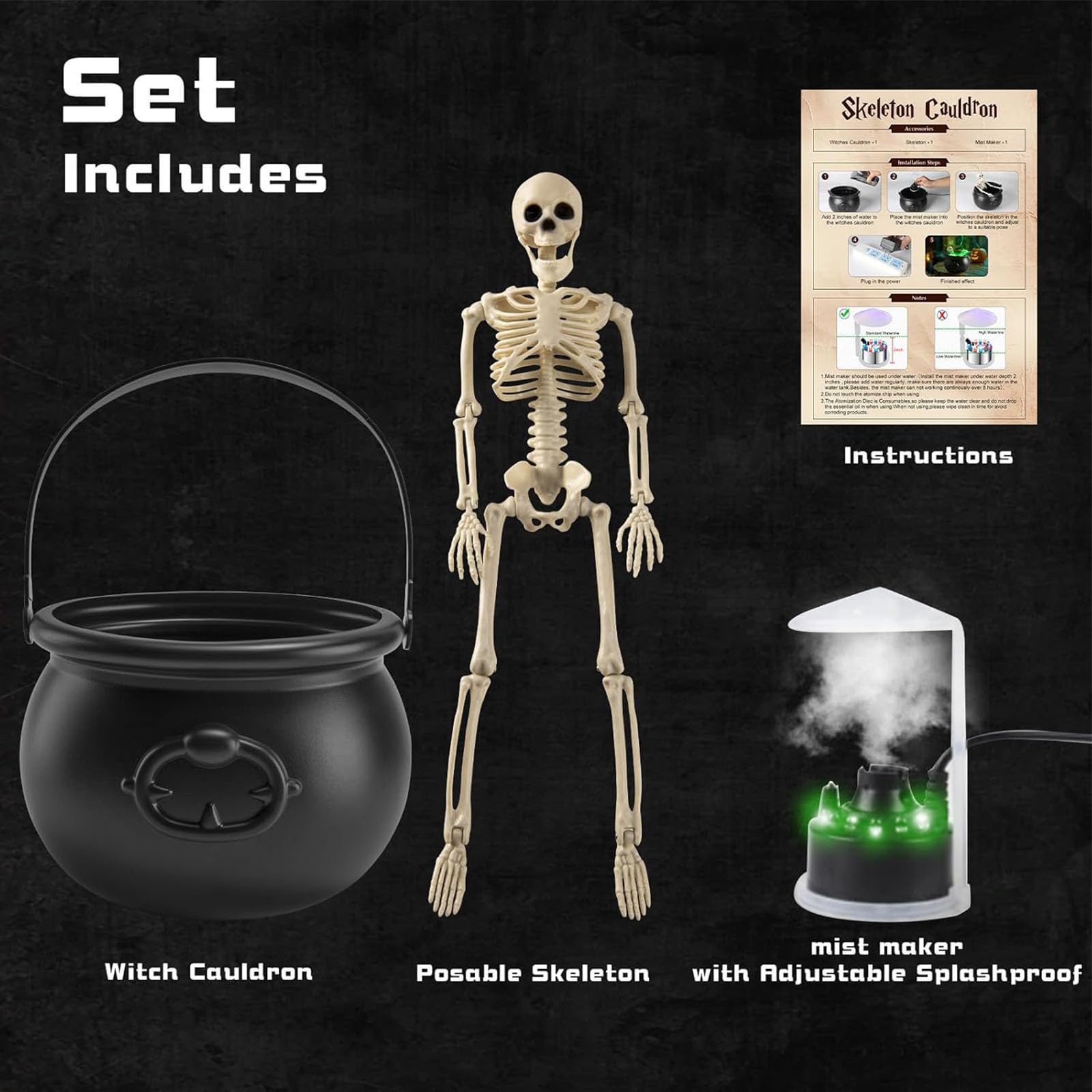 Spooky Halloween Skeleton Witches Cauldron with LED Lights & Mist Maker - Indoor Horror Decor for Halloween Party, Haunted House, and Themed Events