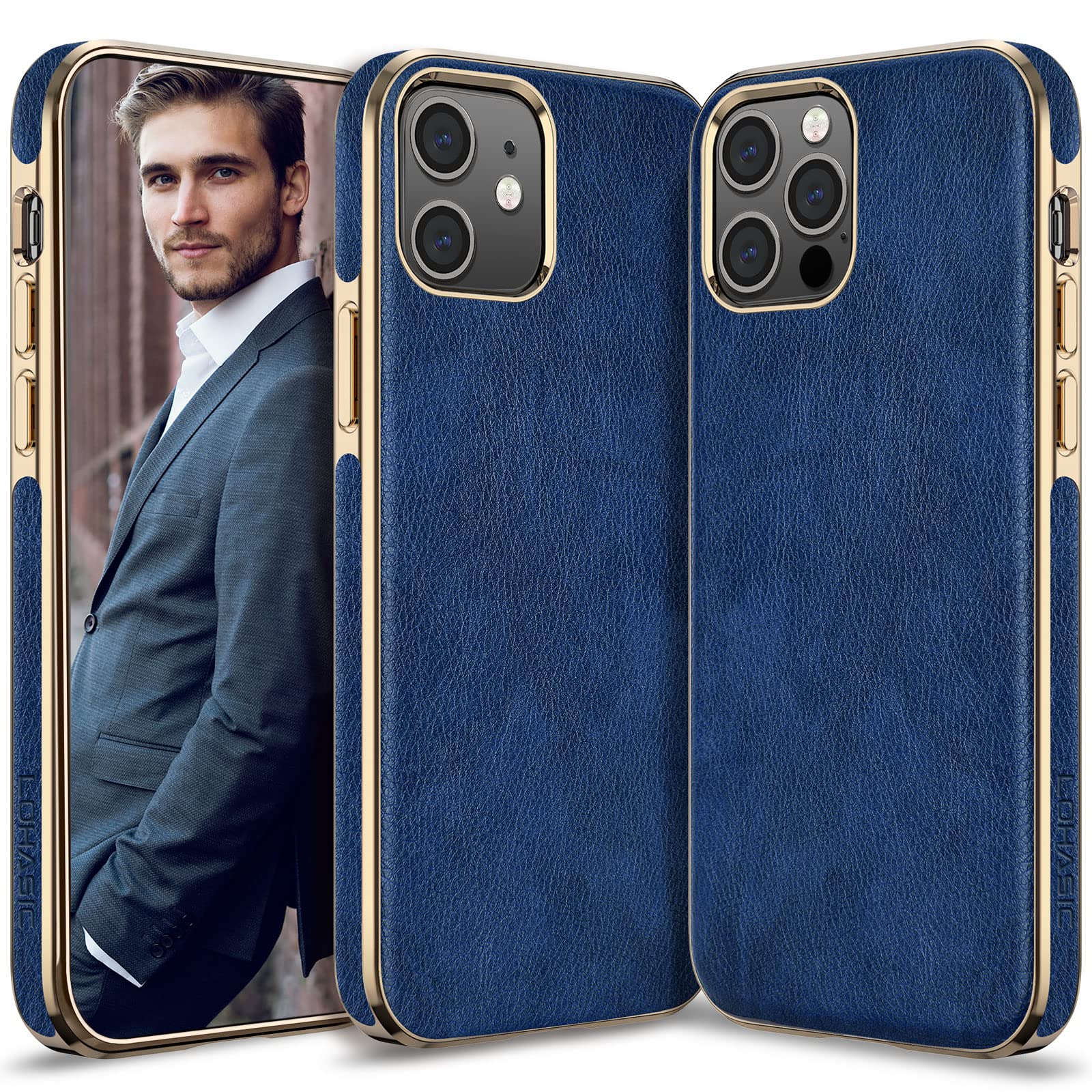 Premium Leather Case for iPhone 12 Pro & iPhone 12 | Luxury Designer Slim Protective Cover with Shock-Absorbent TPU Bumper | Non-Slip Grip for Business Professionals & Fashionable Men/Women | Perfect for Office, Travel & Everyday Use | Blue Gold Color | 6.1