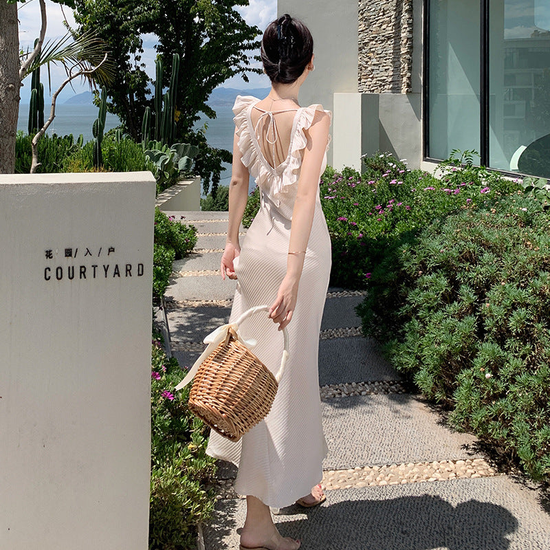 Elegant Backless Apricot Summer Dress with Ruffle Hem - Women's Long Flowy Skirt for Beach, Vacation & Date Nights