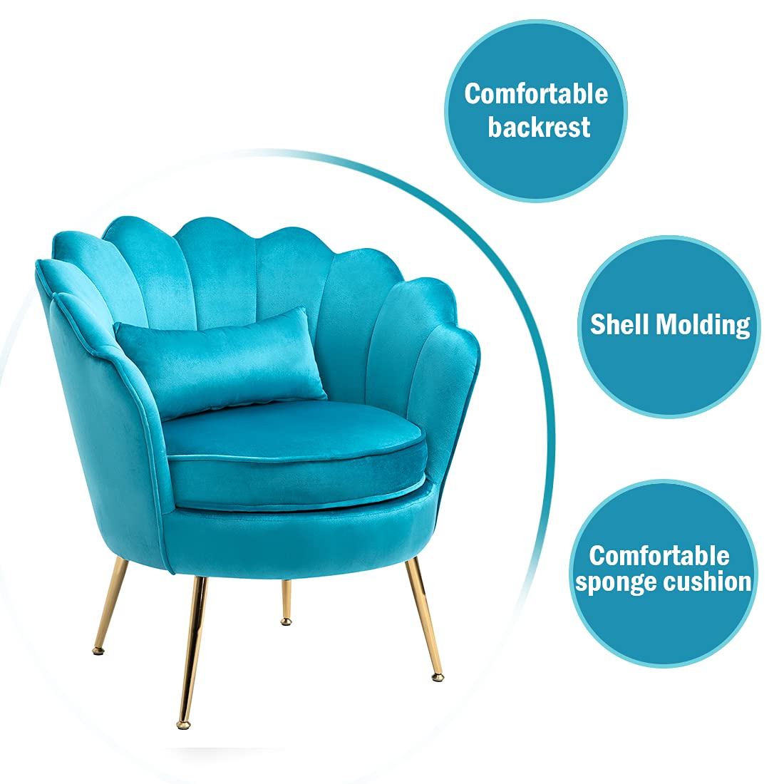 2 Modern Velvet Accent Chairs with Golden Metal Legs - Living Room, Bedroom & Makeup Chair Set - Soft Azure Blue Upholstery - Perfect for Home Decor, Guest Seating & Vanity Areas