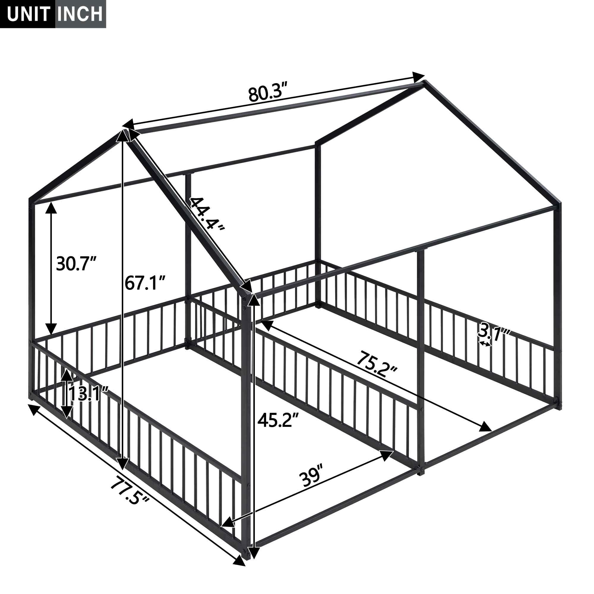 Metal Twin Size Double Platform Bed with Roof and Fence - House Shaped Shared Bed Frame for Kids, Teens, Boys & Girls - Sturdy Bedroom Furniture (80.3