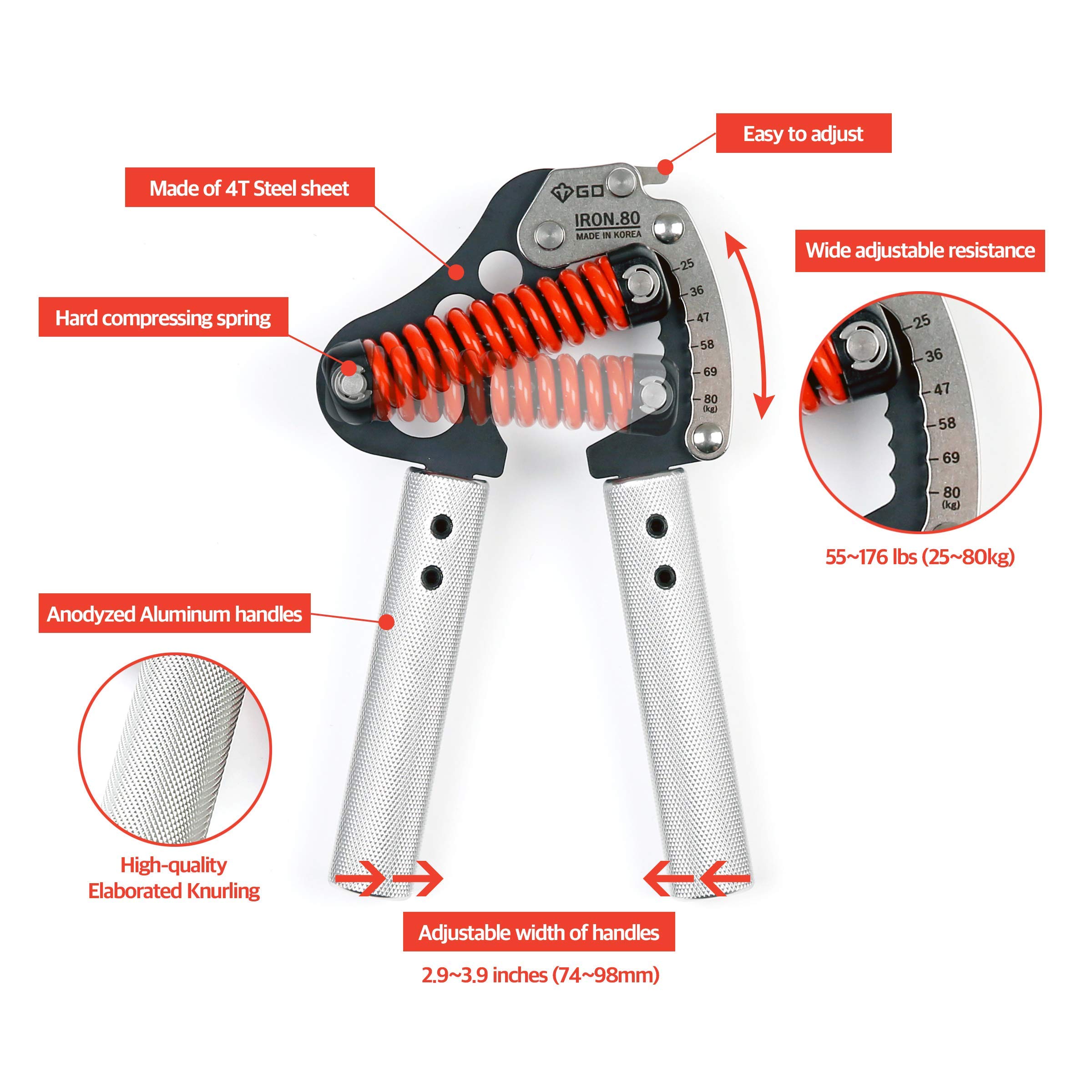 GD Adjustable Hand Grip Strengthener - Iron Grip 80 (55-176 lb) with Black Grip Tape - Wrist & Forearm Trainer for Strength Training, Home Gym, Office, and Rehabilitation Workouts
