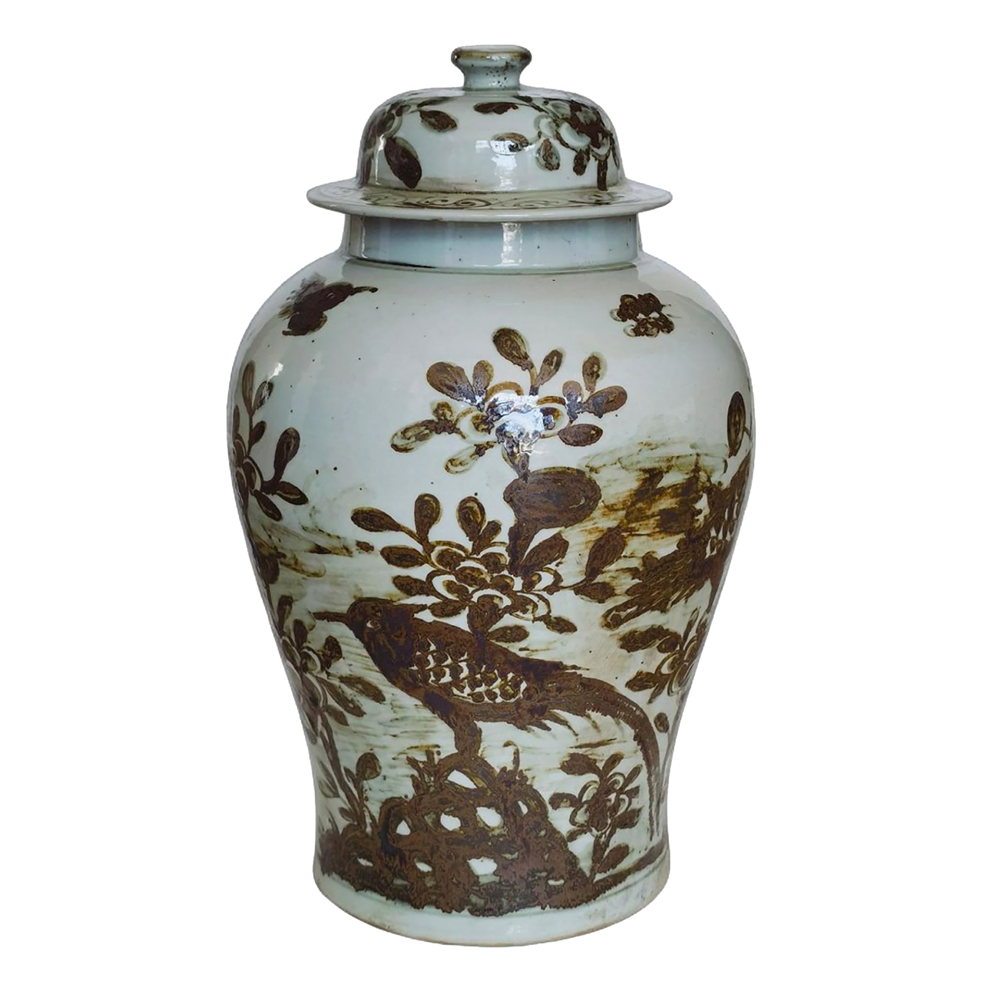 Vintage Dali Rustic Brown Porcelain Jar with Floral & Bird Design - Perfect for Home Decor, Temple Offerings, and Collectible Display