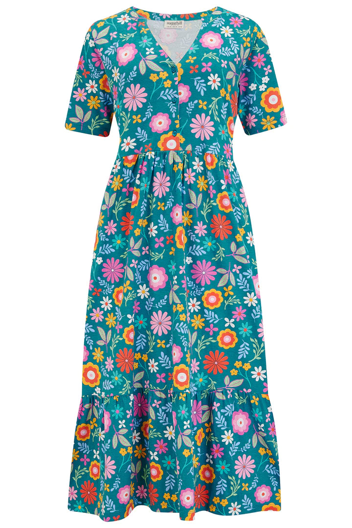 Heather Jersey Midi Smock Dress - Floral Print Tea Green Boho Style Summer Dress for Women | Perfect for Beach Vacation, Date Night & Casual Outings
