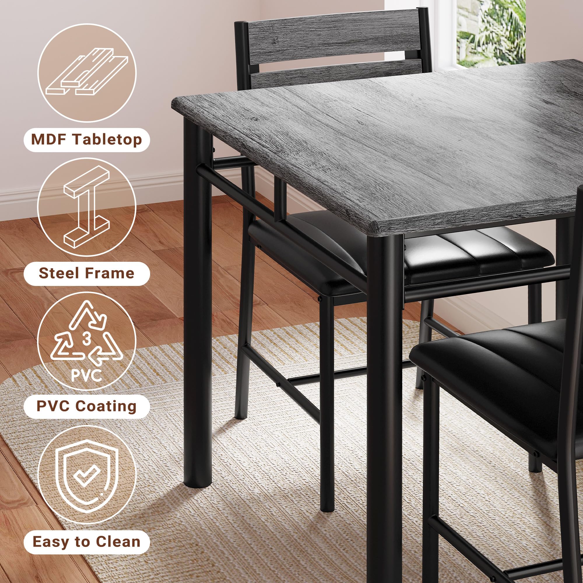 IRONCK 2-Person Dining Table Set with Upholstered Chairs - Compact Kitchen Table for Small Spaces, Gray - Perfect for Apartments, Breakfast Nooks & Cozy Dining Rooms