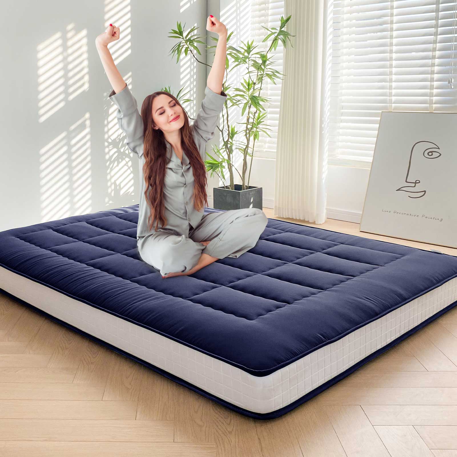 MAXYOYO 6 Extra Thick Japanese Futon Mattress - Rectangle Quilted Floor Bed for Family & Guests, Navy Blue - Perfect for Small Spaces, Guest Rooms & Minimalist Home Decor