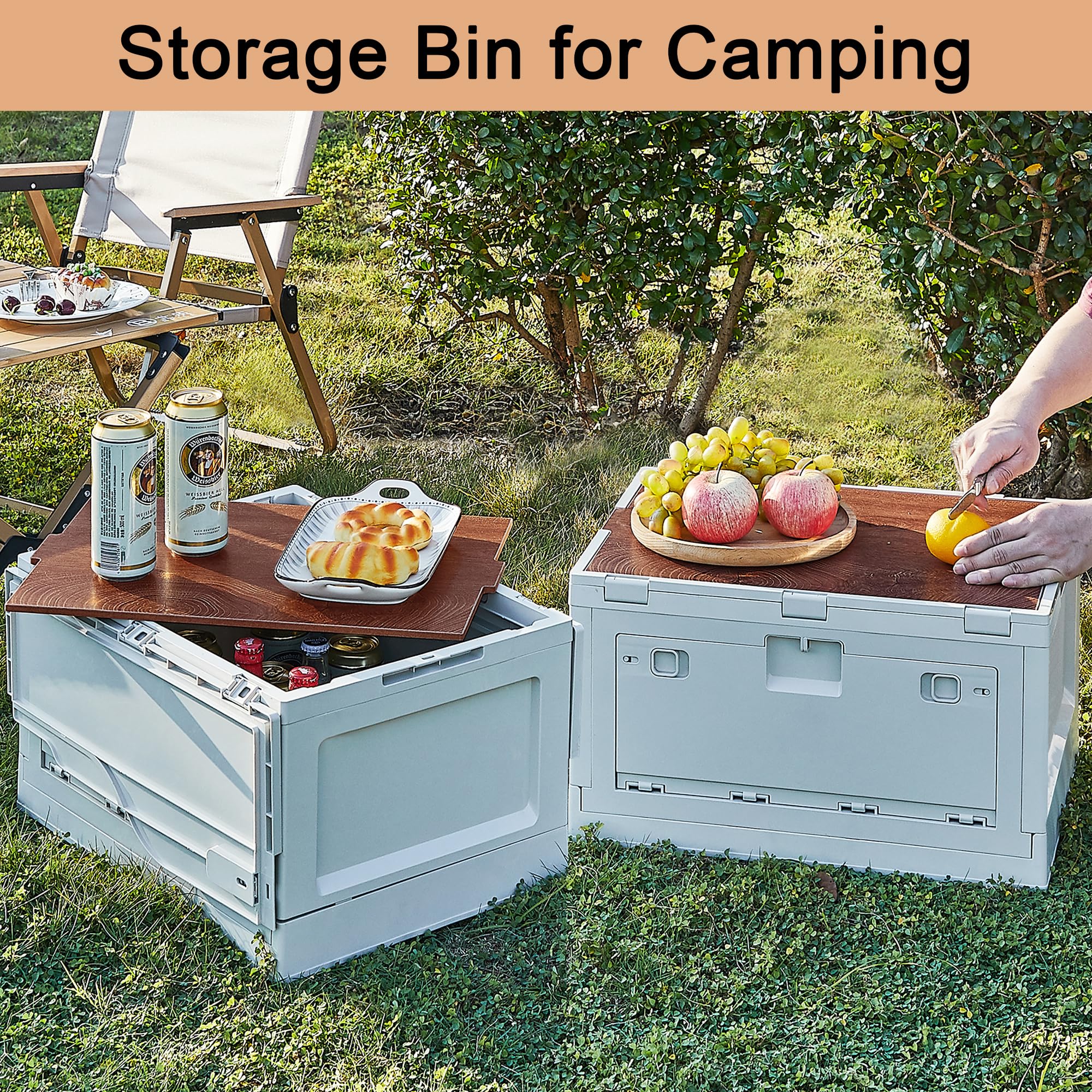 VECELO 55 Qt Collapsible Storage Bins with Lids - Large Foldable Plastic Organizer Box with Handles & 2 Side Doors - Portable Camping Storage Container for Outdoor Gear, Home Organization, Travel & RV - Beige