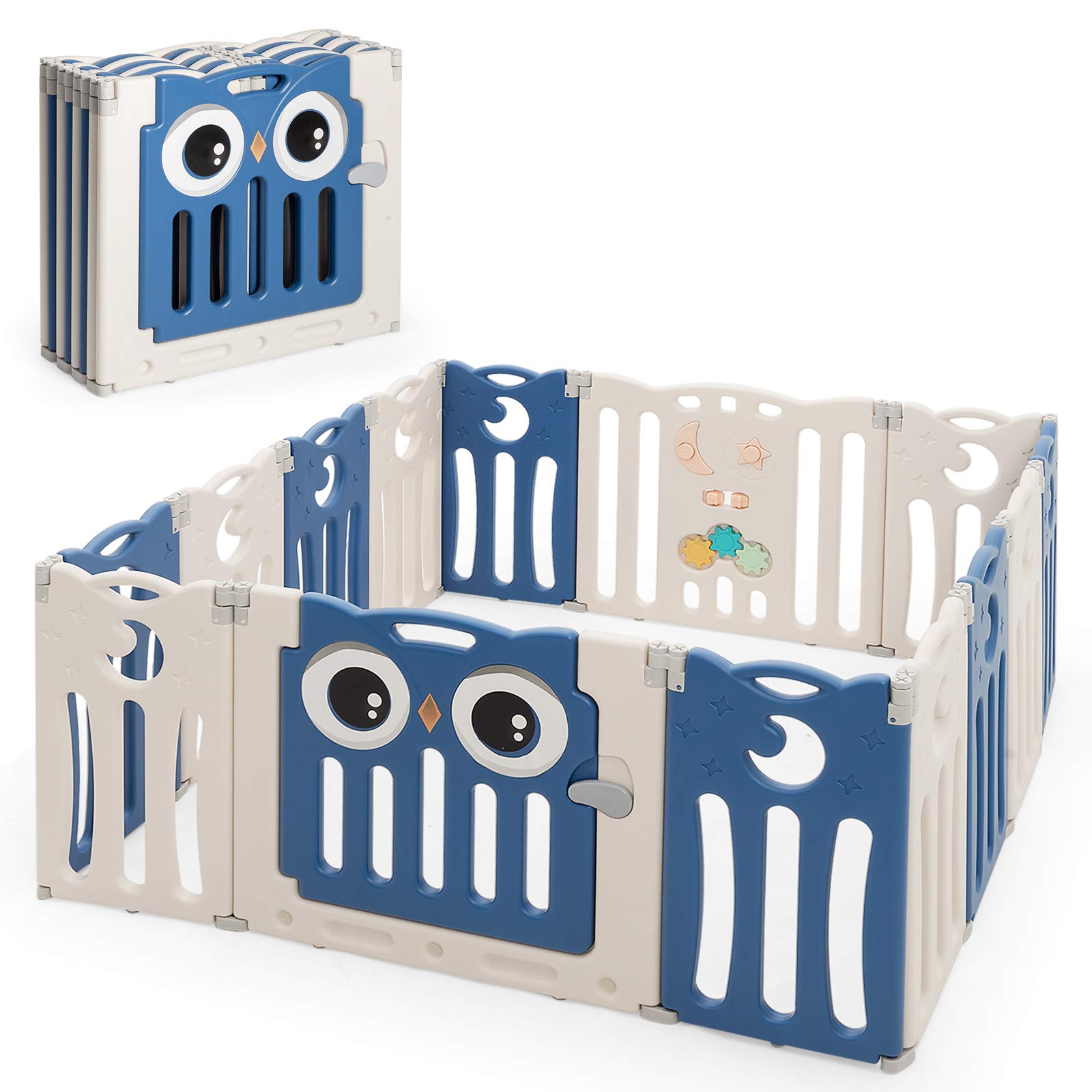 Costzon 14-Panel Foldable Baby Playpen with Locking Door - Non-Slip Rubber Bases & Cushioned Pads for Safety - Indoor/Outdoor Adjustable Play Yard for Toddlers (Blue) - Perfect for Home, Backyard, Daycare & Travel Use