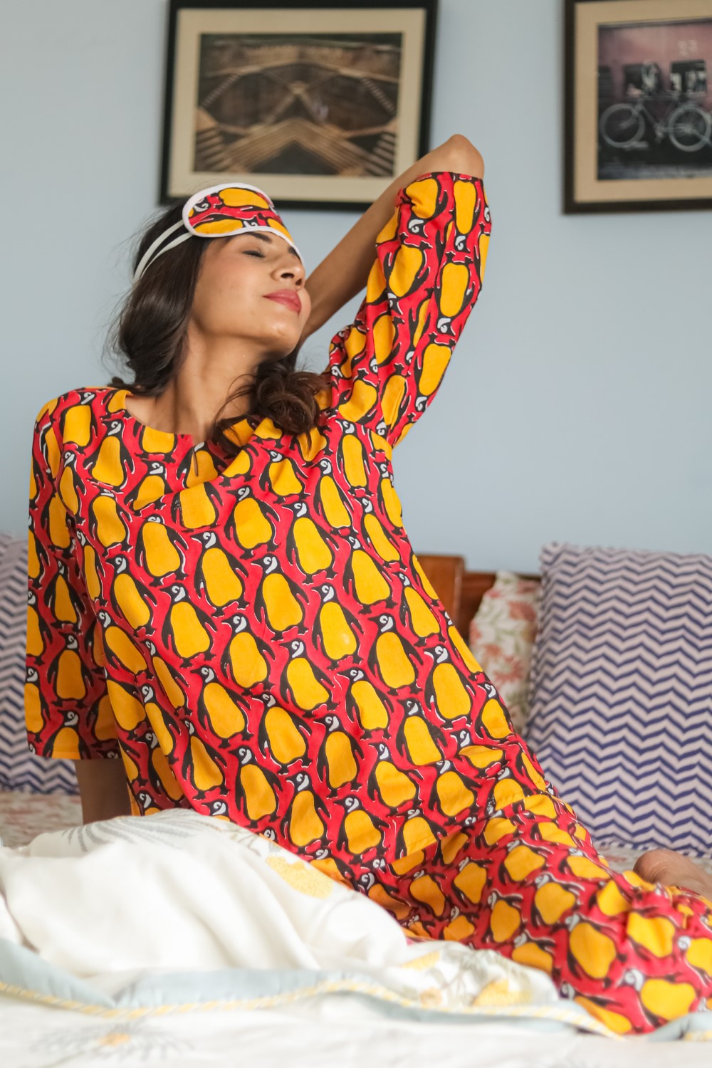 Penguin Fiesta Handblock Printed 100% Cotton Pajama Set for Women - Cozy Sleepwear for Winter Nights & Lounge Wear at Home