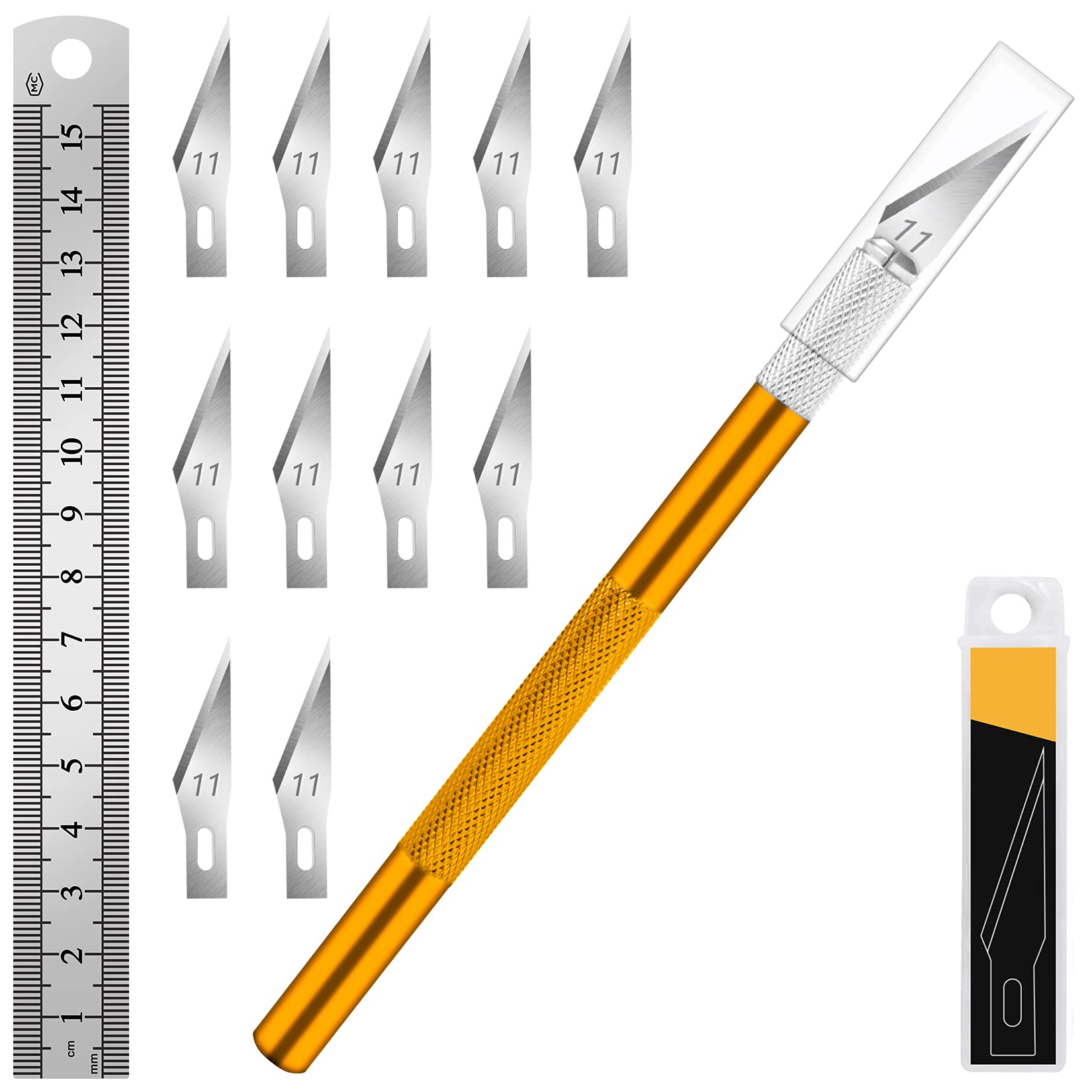DIYSELF Craft Knife Set with 11 Stainless Steel Blades & 15mm Steel Ruler for Art, Scrapbooking, Stencil - Precision Cutting Tool for DIY Projects, Paper Crafts, and Model Making (Gold)