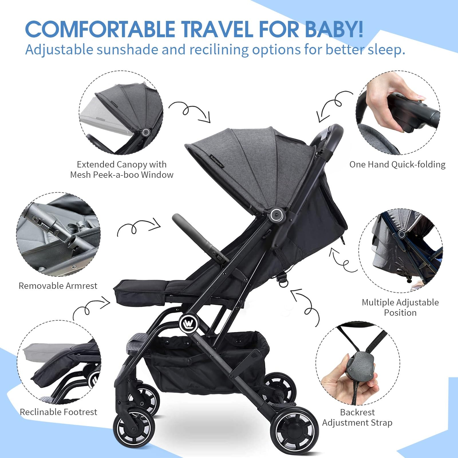 **Lightweight Compact Baby Stroller with Sleep Shade & Oversize Basket - One-Hand Foldable Travel Stroller for Airplane, Shopping, and Daily Use**