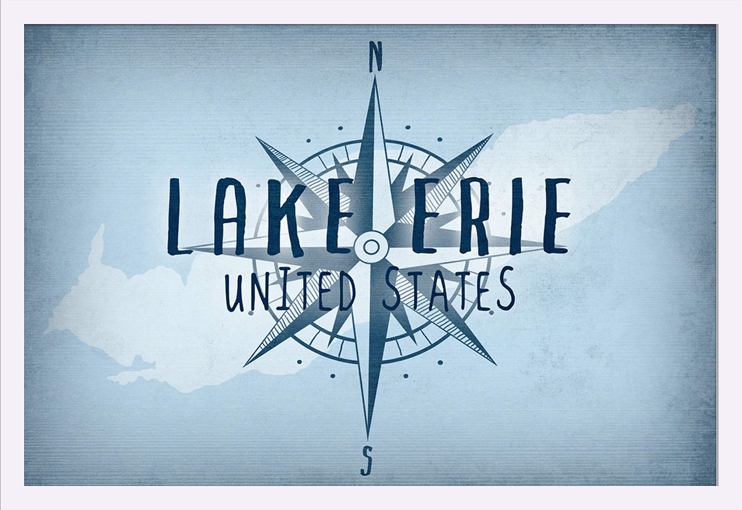 Lake Erie United States Giclee Art Print 36x24 - Gallery Framed White Wood Wall Decor - Lake & Compass 75125 - Perfect for Coastal, Nautical or Great Lakes Home Decor