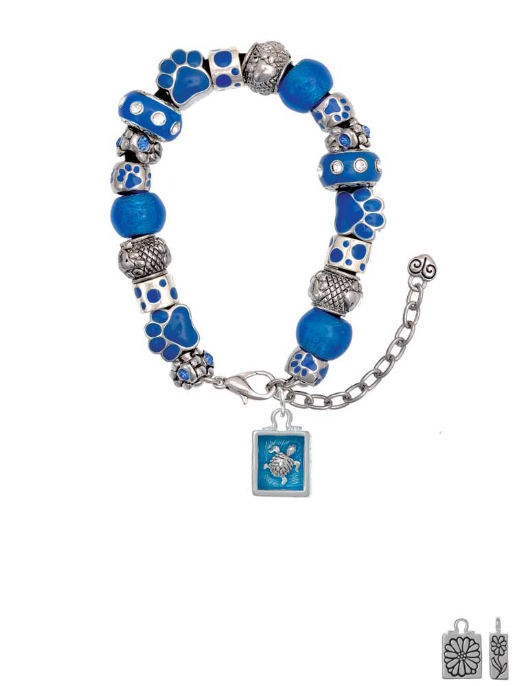 Delight Jewelry Silvertone Sea Turtle Charm Shadow Box Bracelet with Blue Paw Print Beads - Adjustable 7
