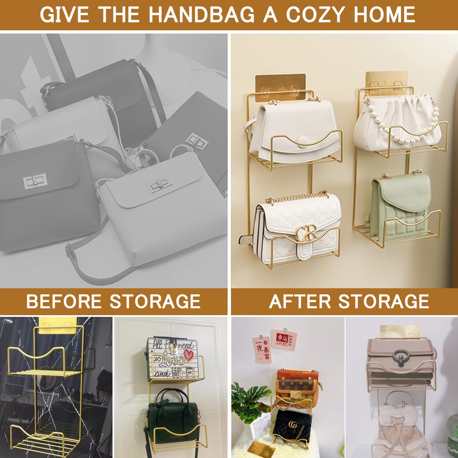 Hanging Handbag Organizer for Closet - Wall Mount Purse Storage Holder with 2 Shelves | Space Saving Metal Handbag Display Shelf | Gold Finish | Perfect for Bedroom, Walk-in Closet, and Dorm Organization