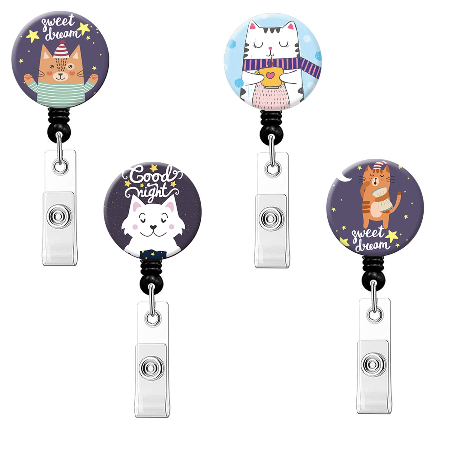 Retractable Badge Reel with Carabiner Clip - 4 Pack Decorative Nurse ID Card Holders for Healthcare Workers - Perfect for Hospitals, Clinics & Office Use (Good Night Design)