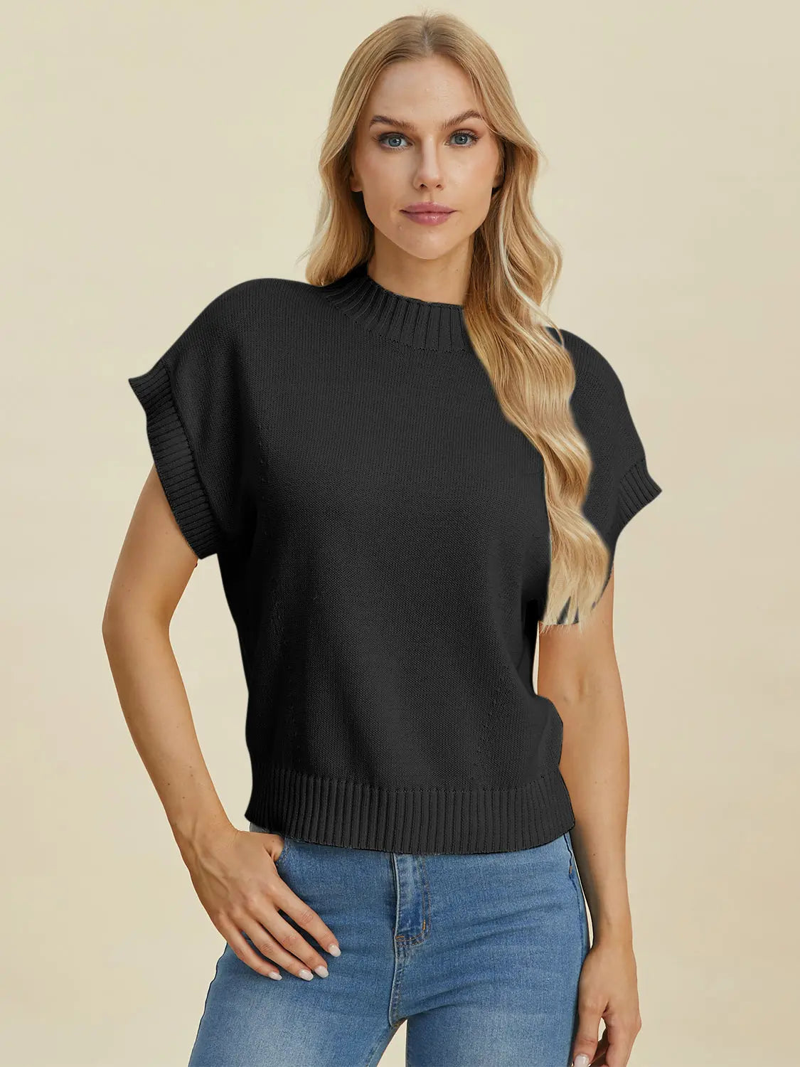 Double Take Full Size Mock Neck Short Sleeve Sweater for Women - Soft Knit Pullover Top for Casual Wear & Office Outfits | Perfect for Fall & Winter Layering