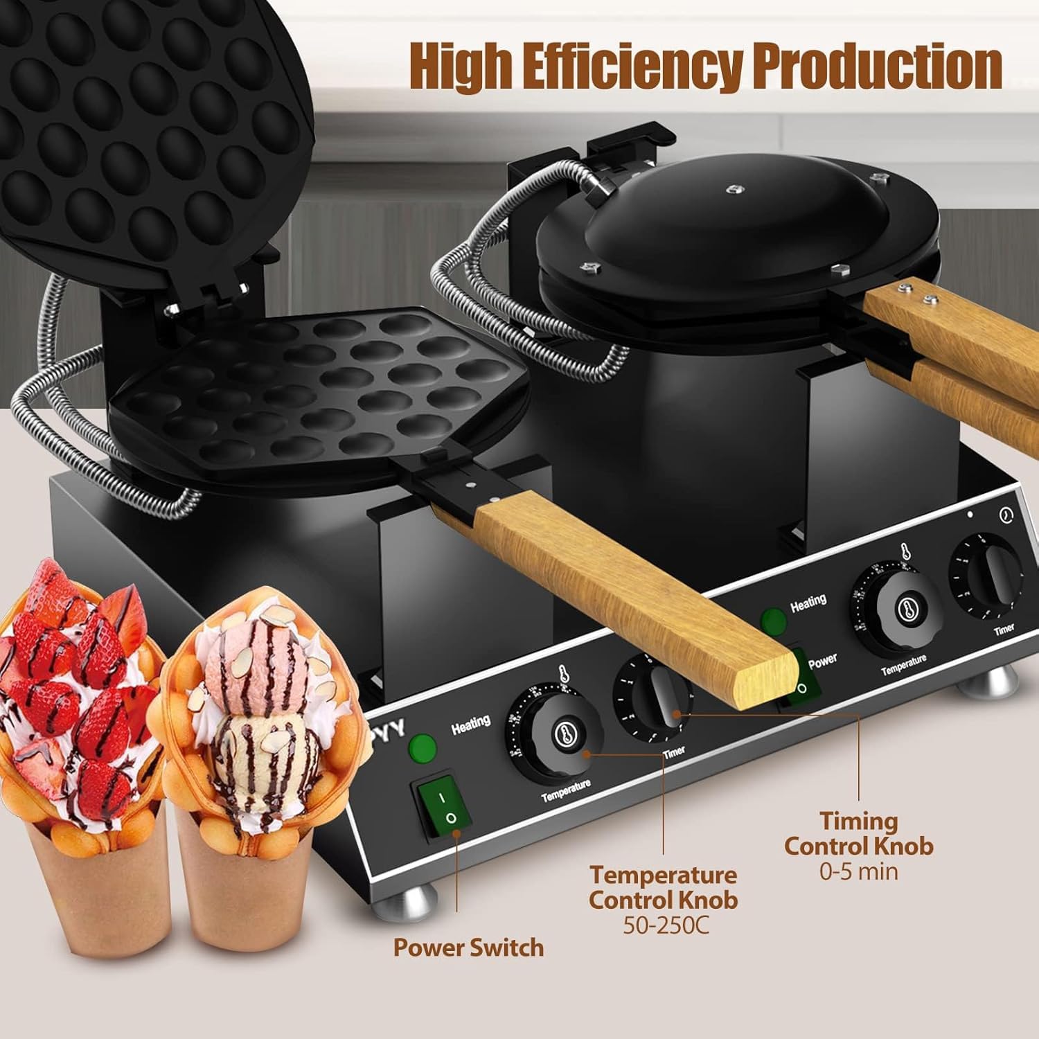 Commercial Double Bubble Waffle Maker - Non-Stick Hong Kong Egg Waffle Iron with 180° Rotation, Stainless Steel Pancake Machine for Home & Restaurant Use - Perfect for Breakfast, Desserts, and Street Food Snacks