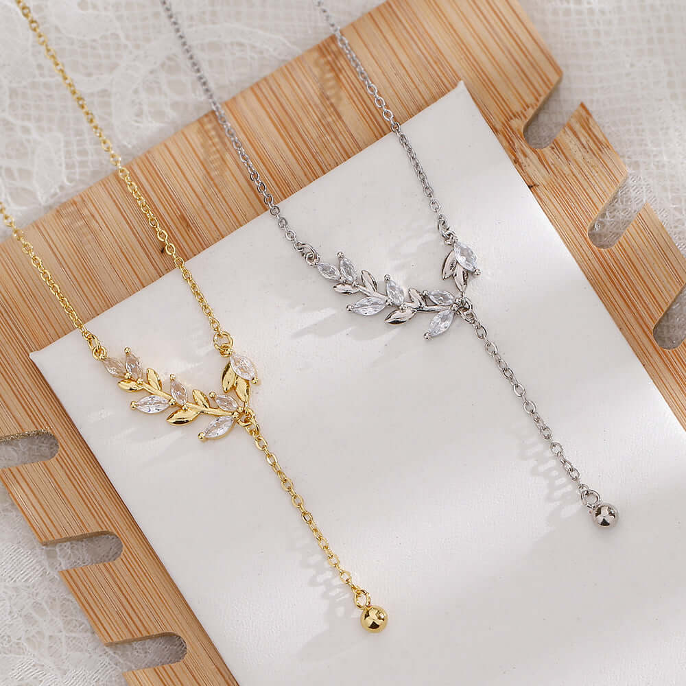 Marquise Olive Branch Leaf Y Necklace - Elegant Sterling Silver Pendant for Women | Perfect for Weddings, Anniversaries & Everyday Wear | R8236