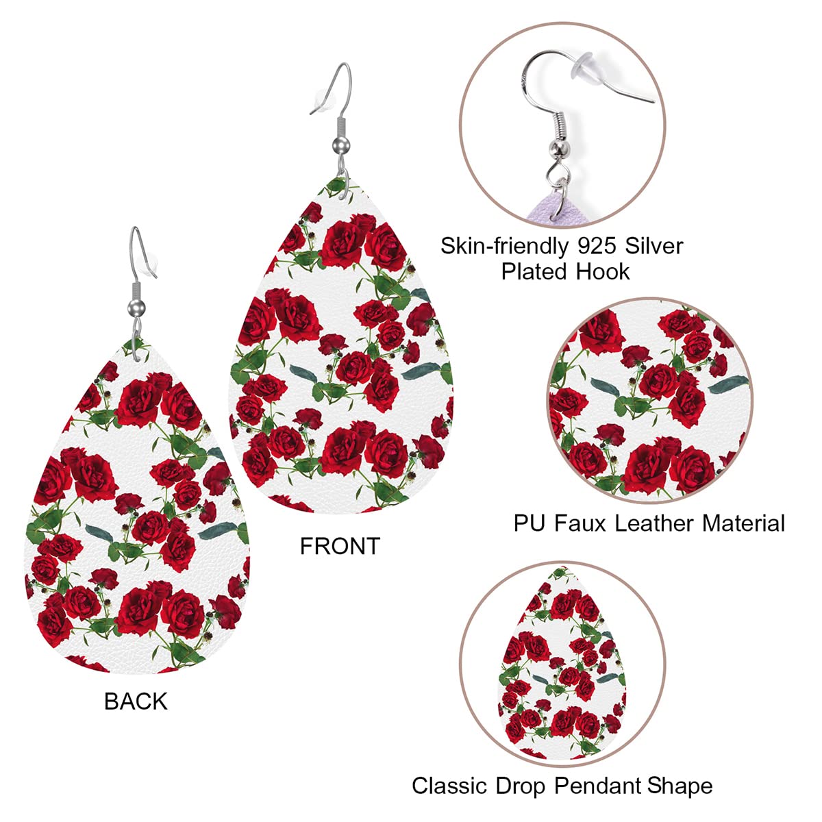 Zokola Rose Flower Dangle Earrings for Women - Lightweight Leather Teardrop Leaf Earrings with Red Rose & Daisy Bouquet Design | Perfect for Teens, Friends, Gifts, Parties & Everyday Wear