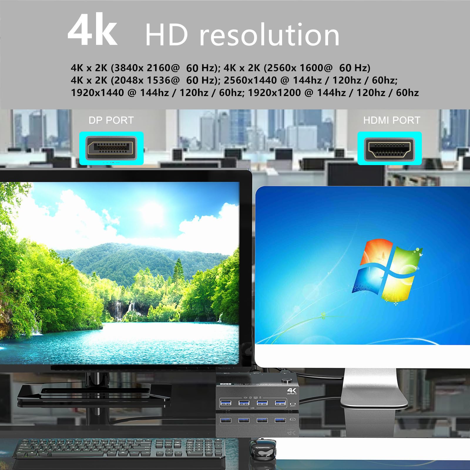 Glanhbnol 4K USB 3.0 KVM Switch - 2/4 Port HDMI KVM Switcher for Multiple Computers, Supports Keyboard Mouse Sharing, Ultra HD Resolution - Perfect for Home Office, Gaming & Multi-PC Workstations